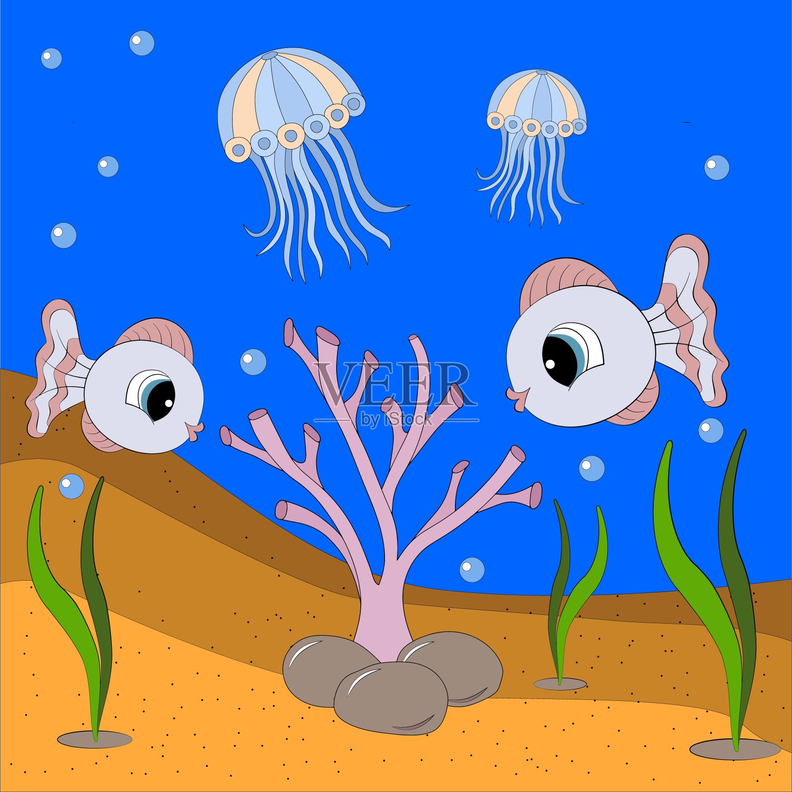 鱼和水母在海里游泳。插画图片素材