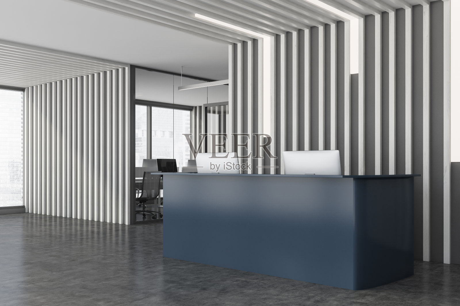 木制办公室角落的灰色接待处照片摄影图片