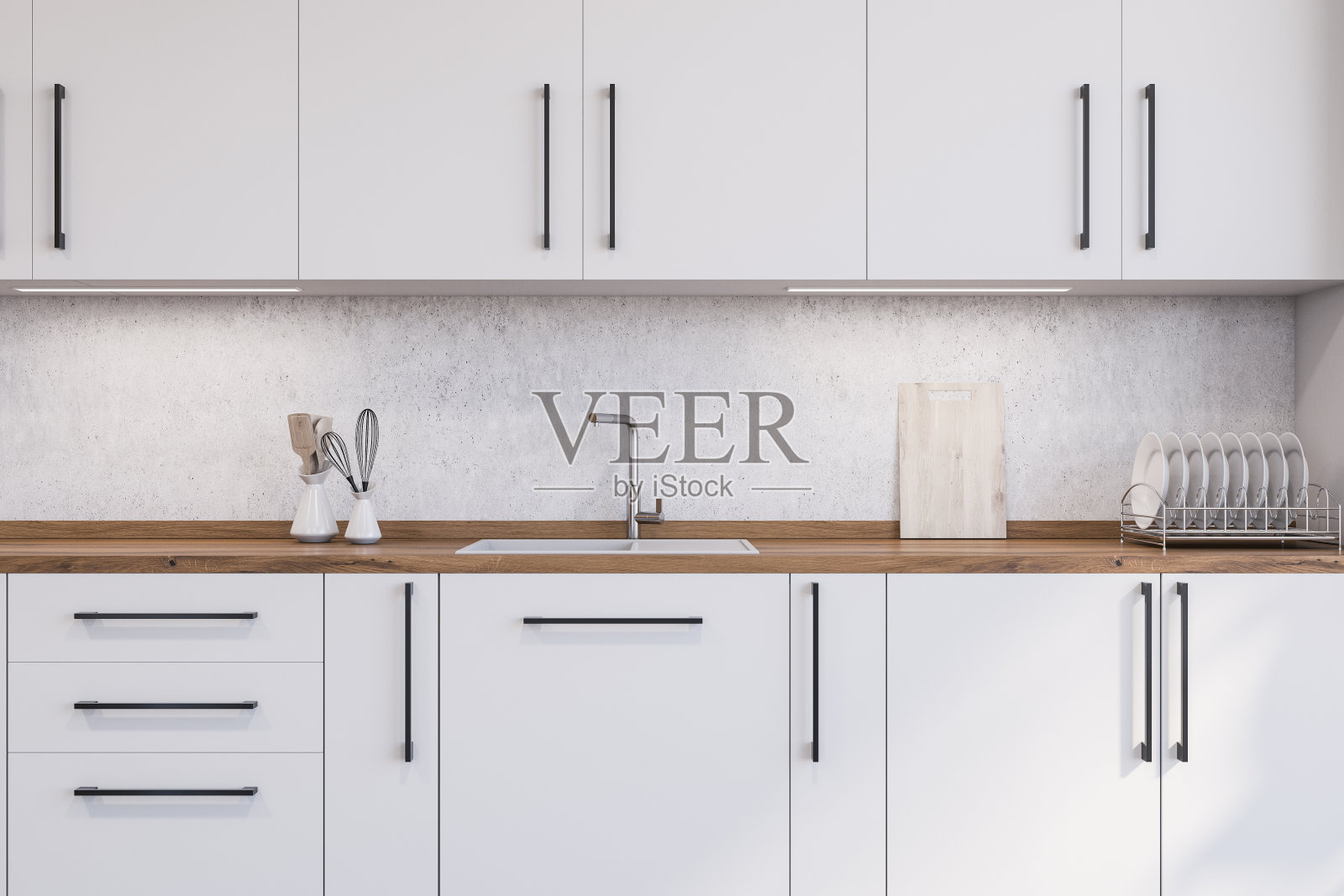 白色厨房里的白色橱柜照片摄影图片