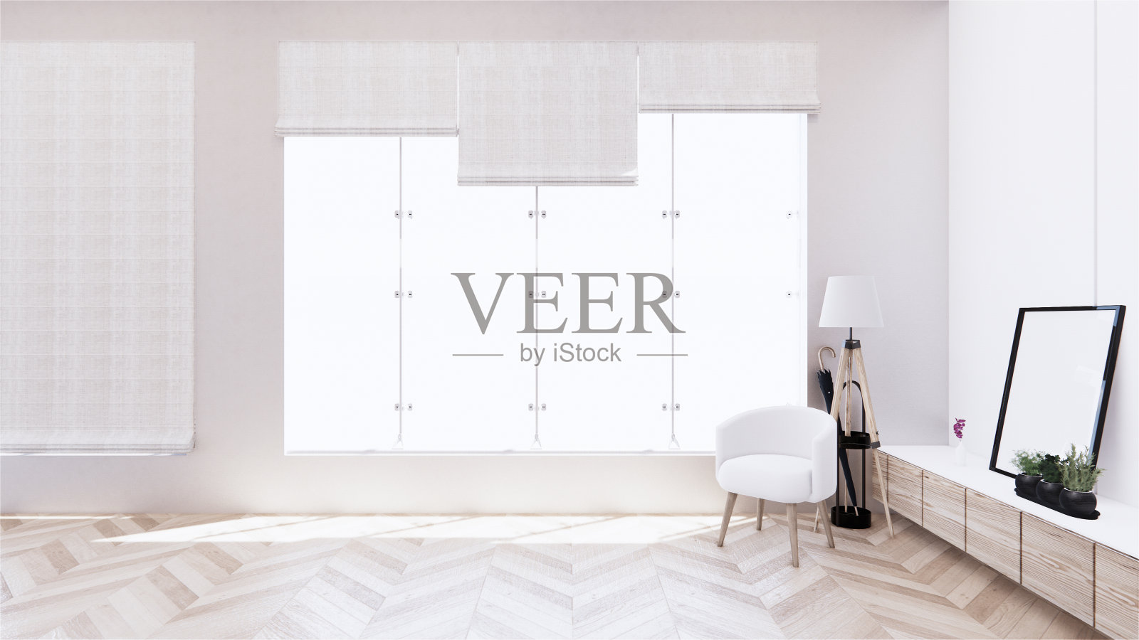 木质橱柜，白色墙壁和木地板，热带室内客厅。三维渲染照片摄影图片