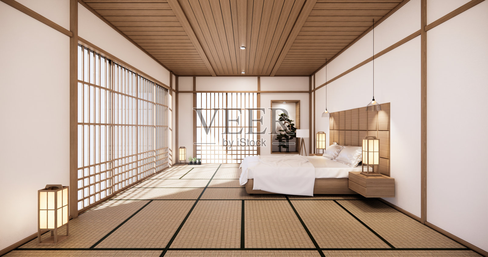 白色卧室日本设计的热带房间内部和榻榻米地板。三维渲染照片摄影图片