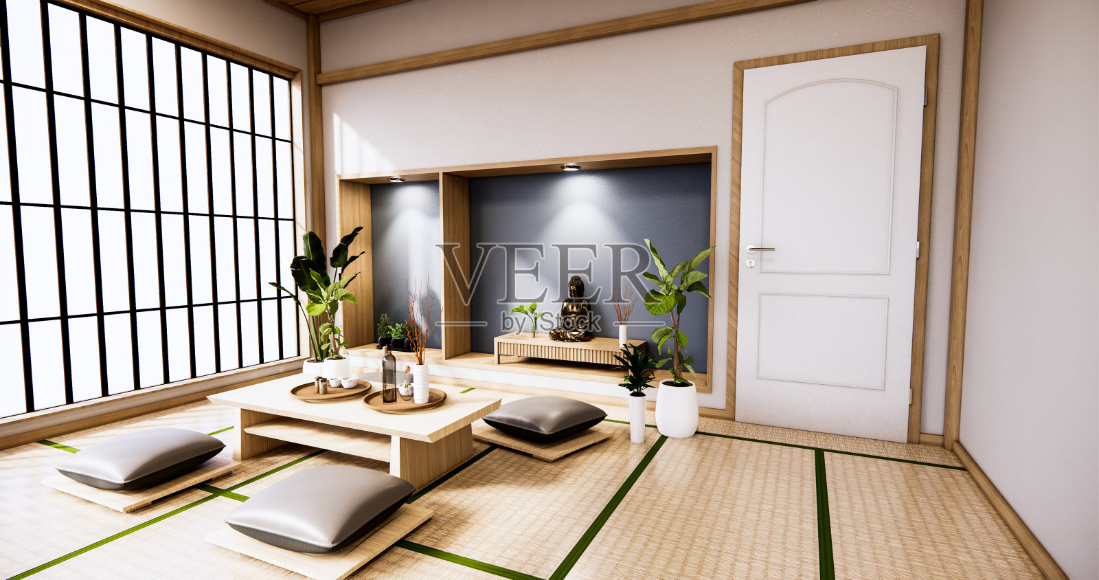 室内以搁板墙设计为热带风格的简约设计。三维渲染照片摄影图片