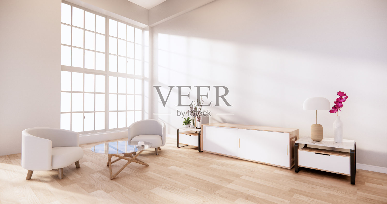 白色墙壁上的橱柜和扶手椅，极简主义和禅意的室内设计。三维渲染照片摄影图片