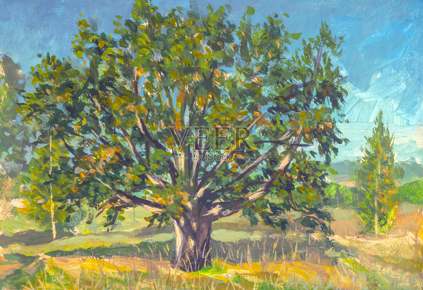 丙烯油画大老橡树，美丽的春秋山水水彩画-田园山水自然画板插画图片素材