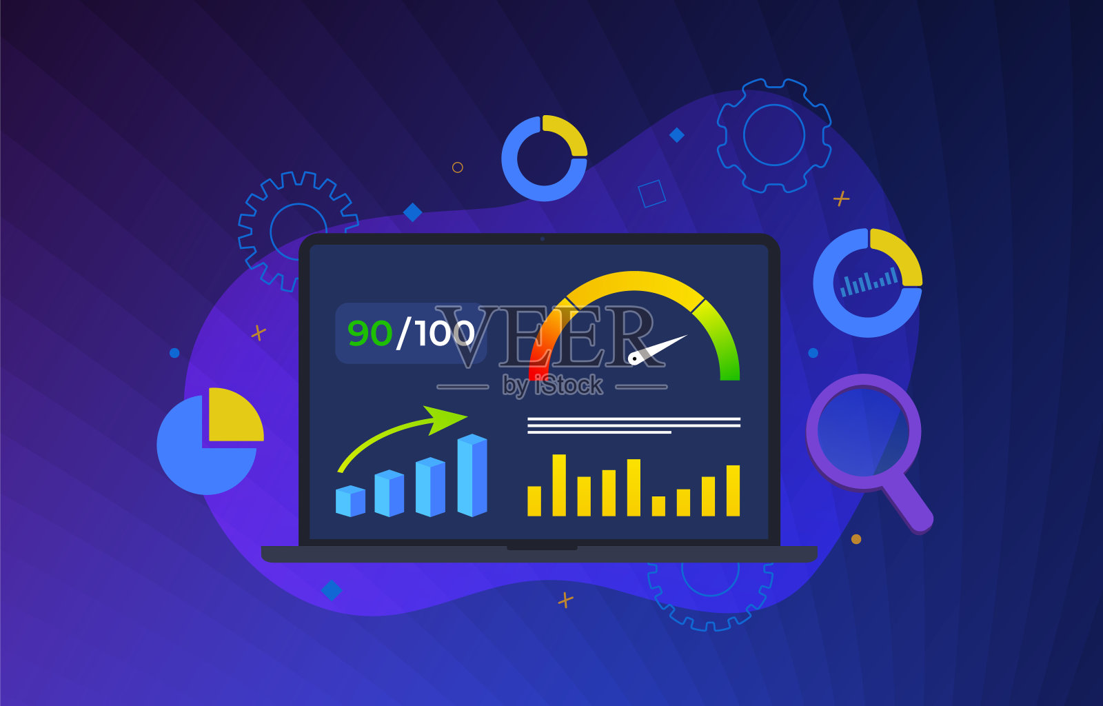 网站页面速度优化矢量插图。加载时间分析-网站seo服务速度。屏幕上有图表和图表的笔记本电脑，加载页面和脚本的速度表插画图片素材