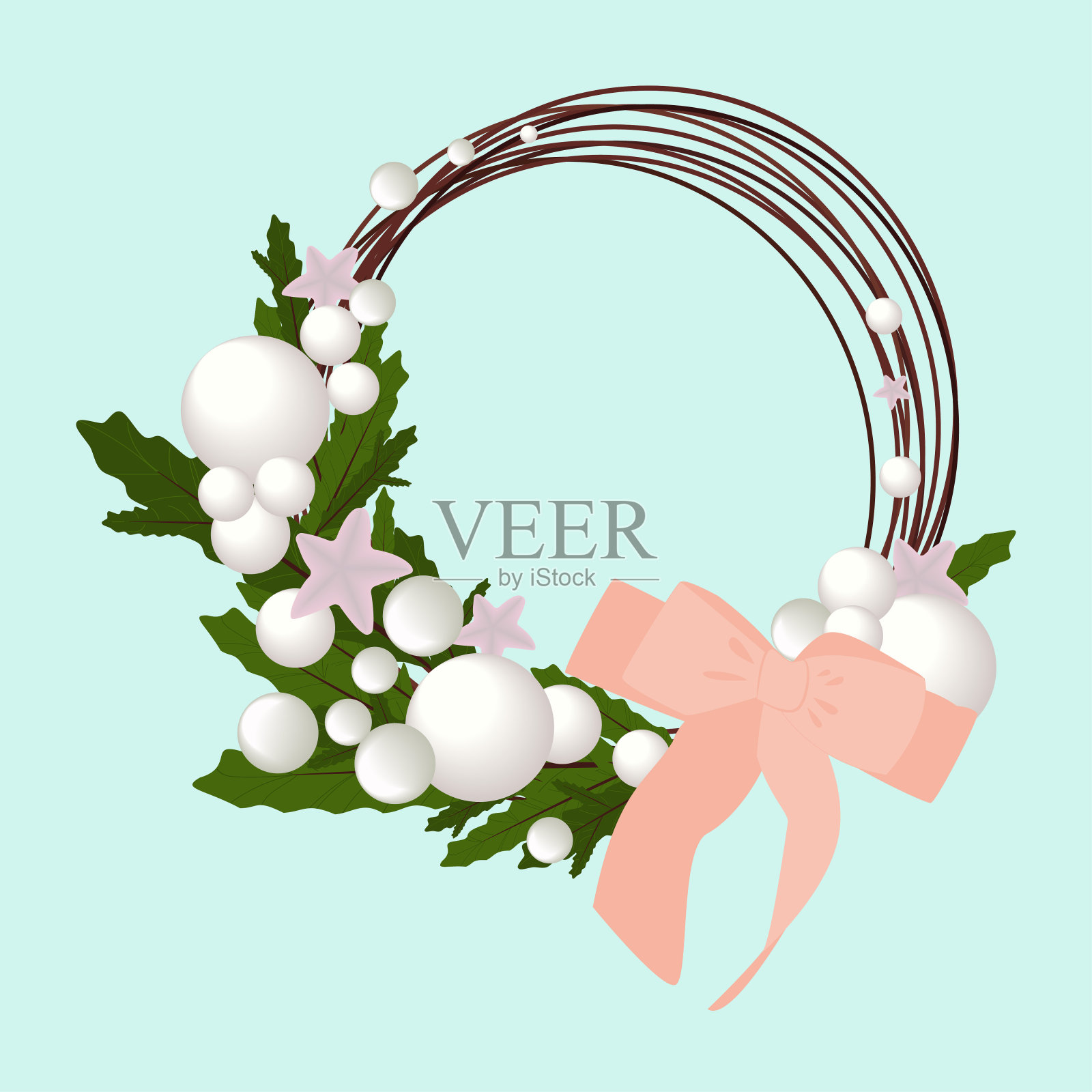 圣诞花环上装饰着球、星星、蝴蝶结。矢量插图。插画图片素材