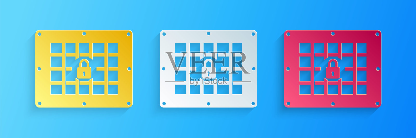 剪纸监狱窗口图标隔离在蓝色背景。纸艺术风格。向量插画图片素材