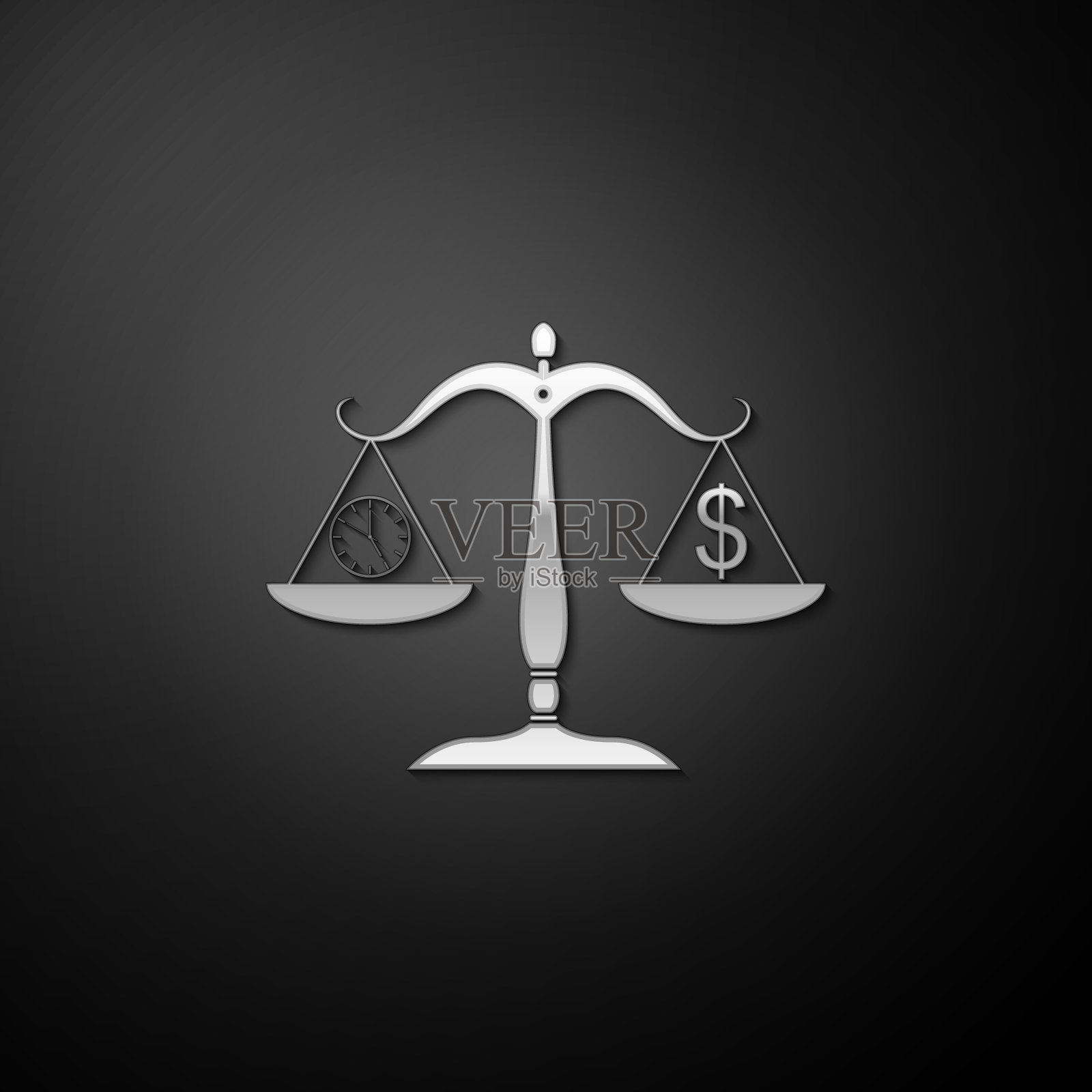 衡量金钱和时间的银秤图标孤立在黑色背景上。有小时和硬币的天平。平衡工作和既定时间。长长的阴影风格。向量插画图片素材