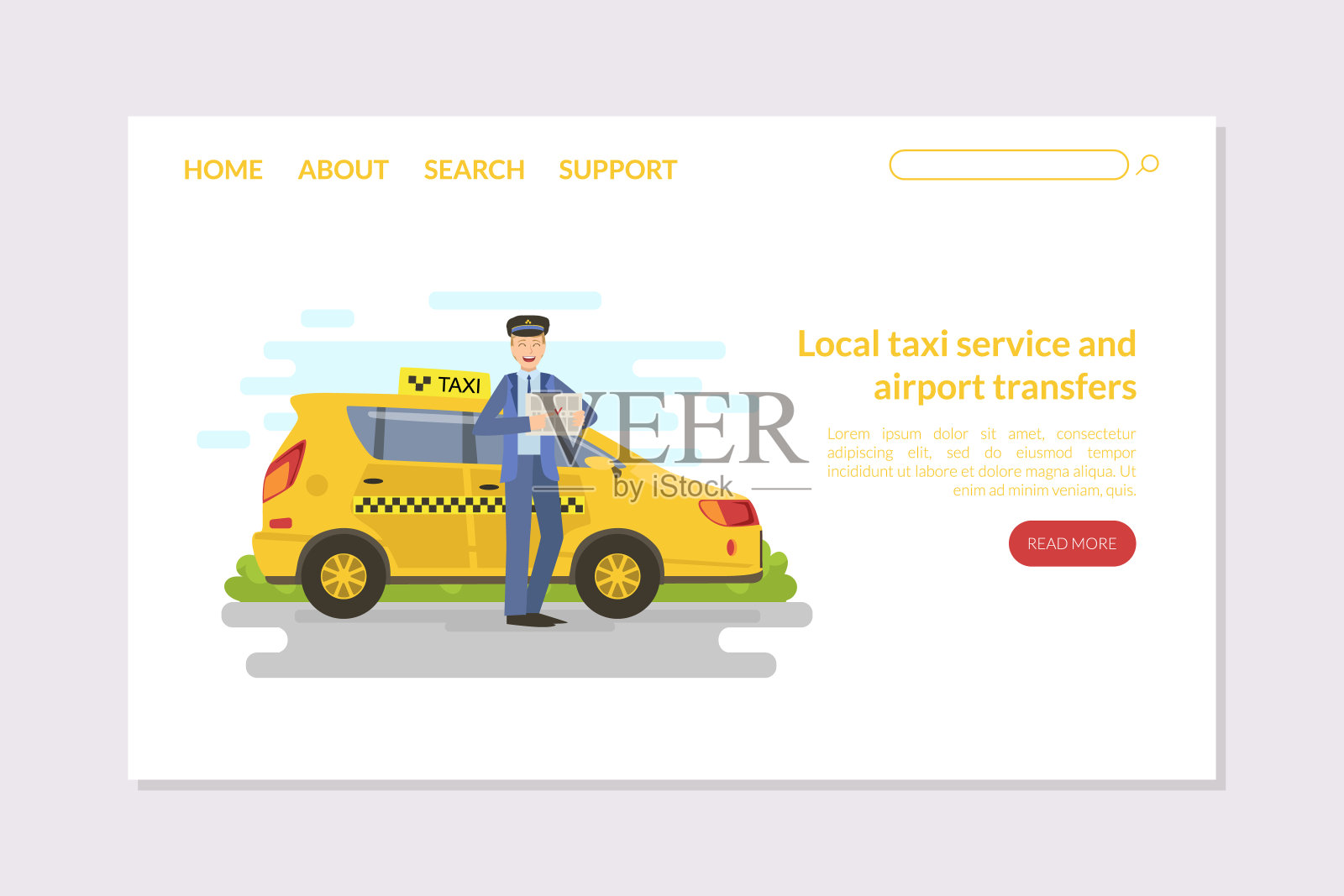 当地出租车服务和机场接送，移动城市公共交通服务着陆页矢量插图插画图片素材