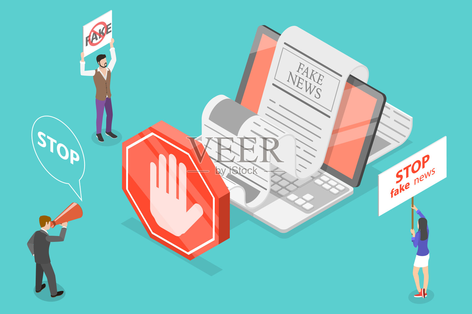 停止假新闻。三维等距矢量概念插图。插画图片素材
