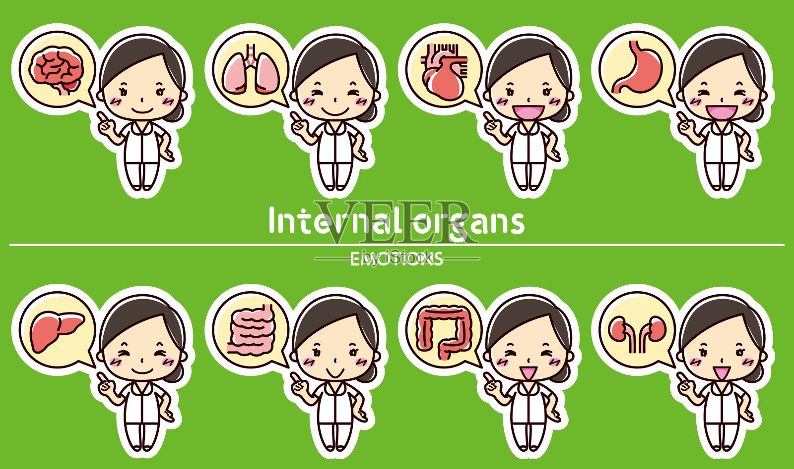 女性护士积极情绪组。内部器官图标语音气泡插图。插画图片素材
