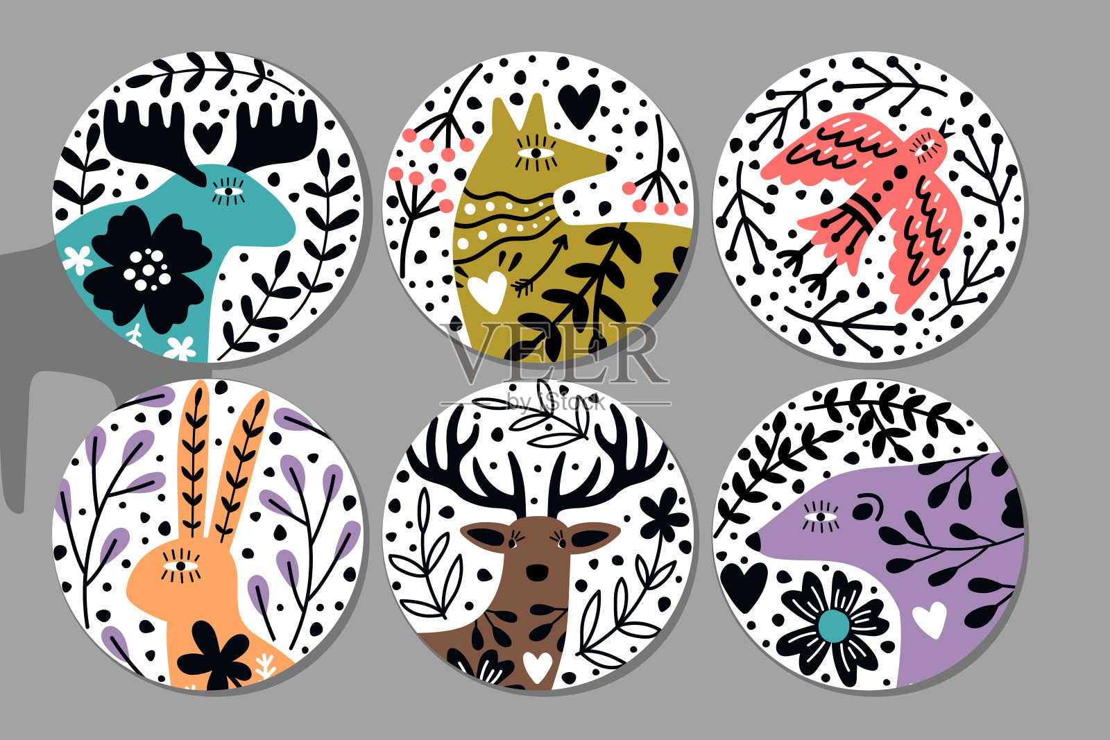 斯堪的纳维亚动物贴纸。手绘圆形华丽的形象与熊，鹿，兔子和狐狸设计元素图片