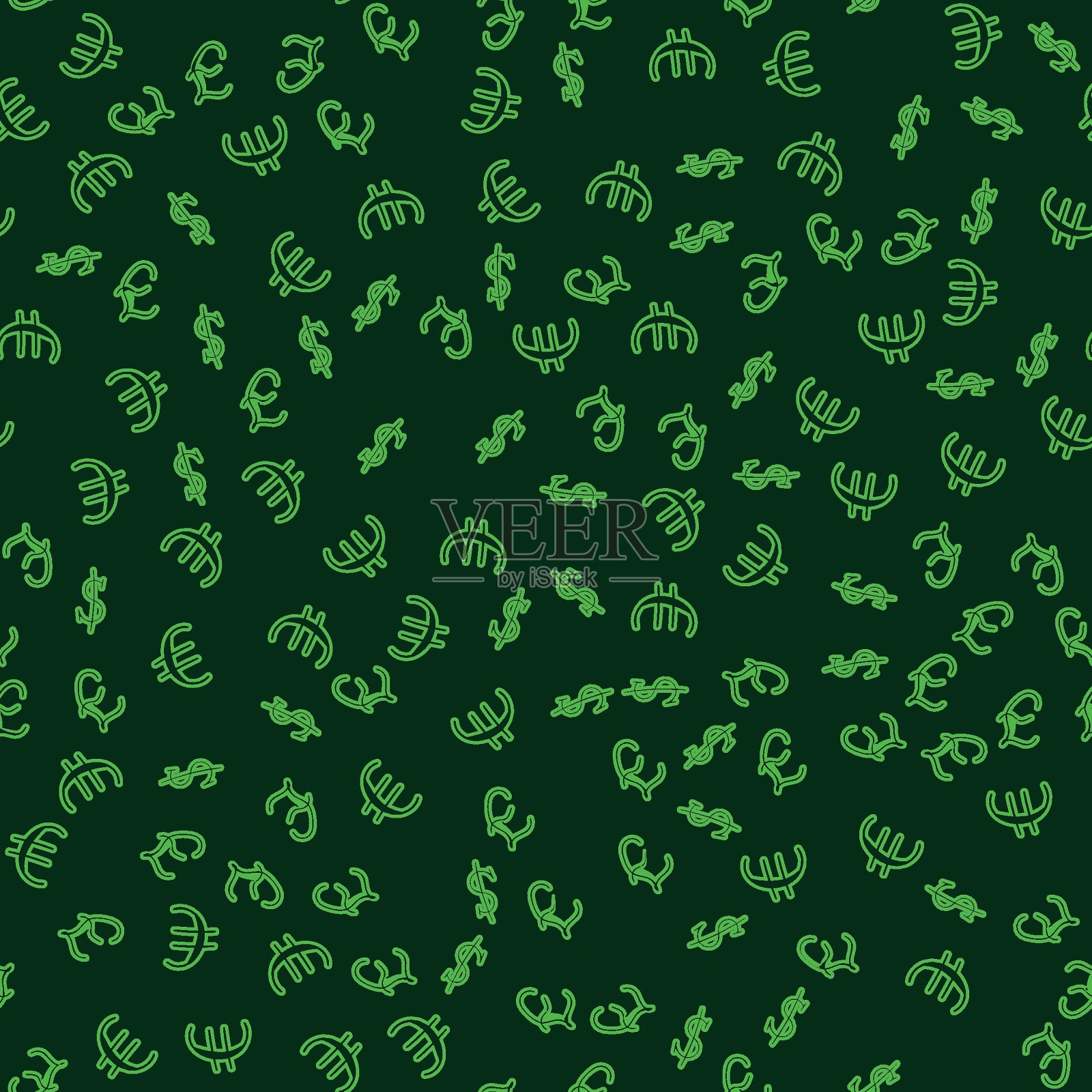 矢量插图的货币符号无缝模式:美元，欧元和英镑。暗绿色背景上的霓虹灯。插画图片素材