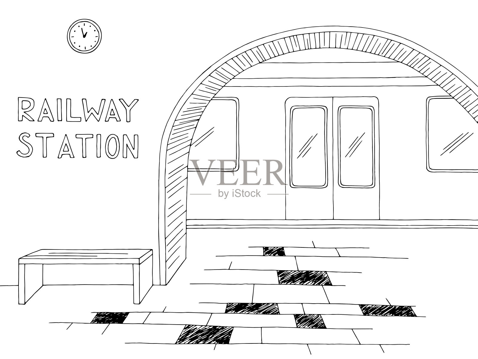 火车站站台图形黑白草图插图矢量插画图片素材