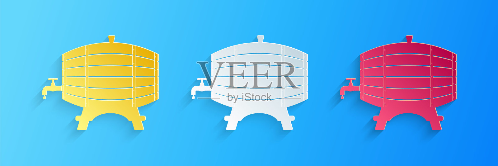 剪纸木桶在机架上与旋塞图标隔离在蓝色背景。纸艺术风格。向量插画图片素材