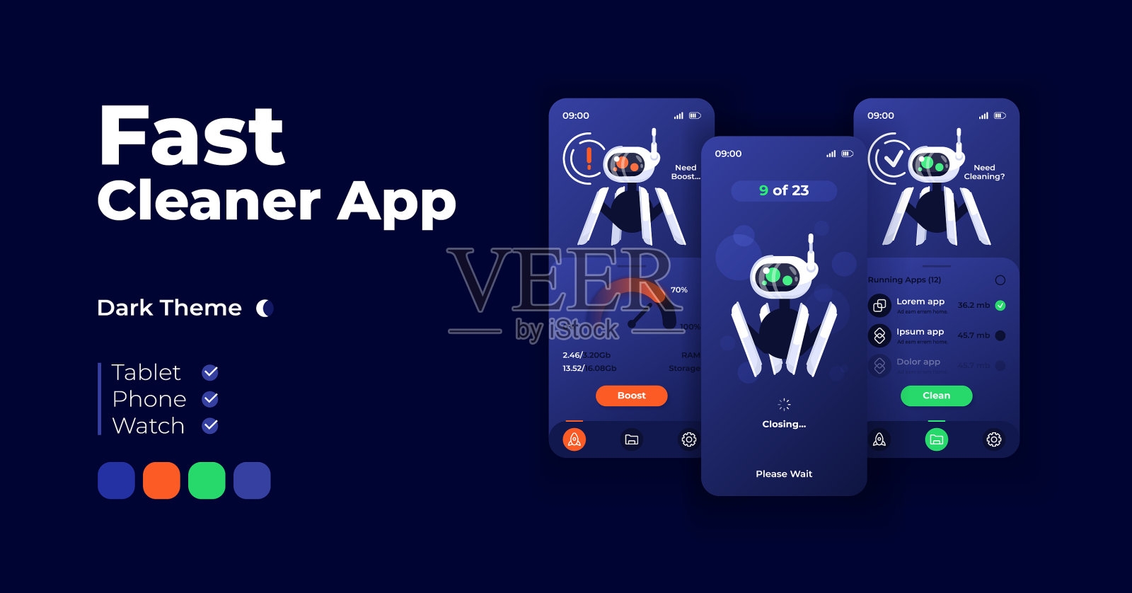 快速清洁的应用卡通智能手机界面插画图片素材