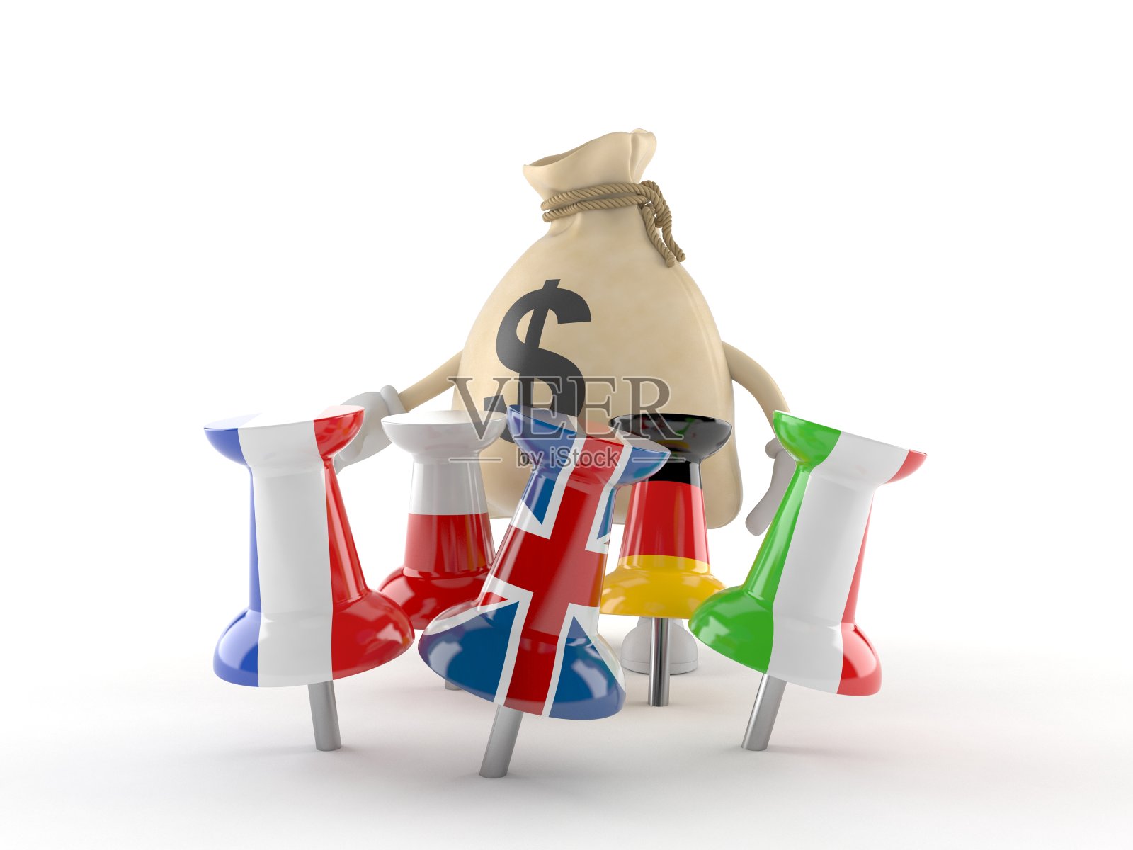 美元钱袋字符与图钉在旗帜照片摄影图片