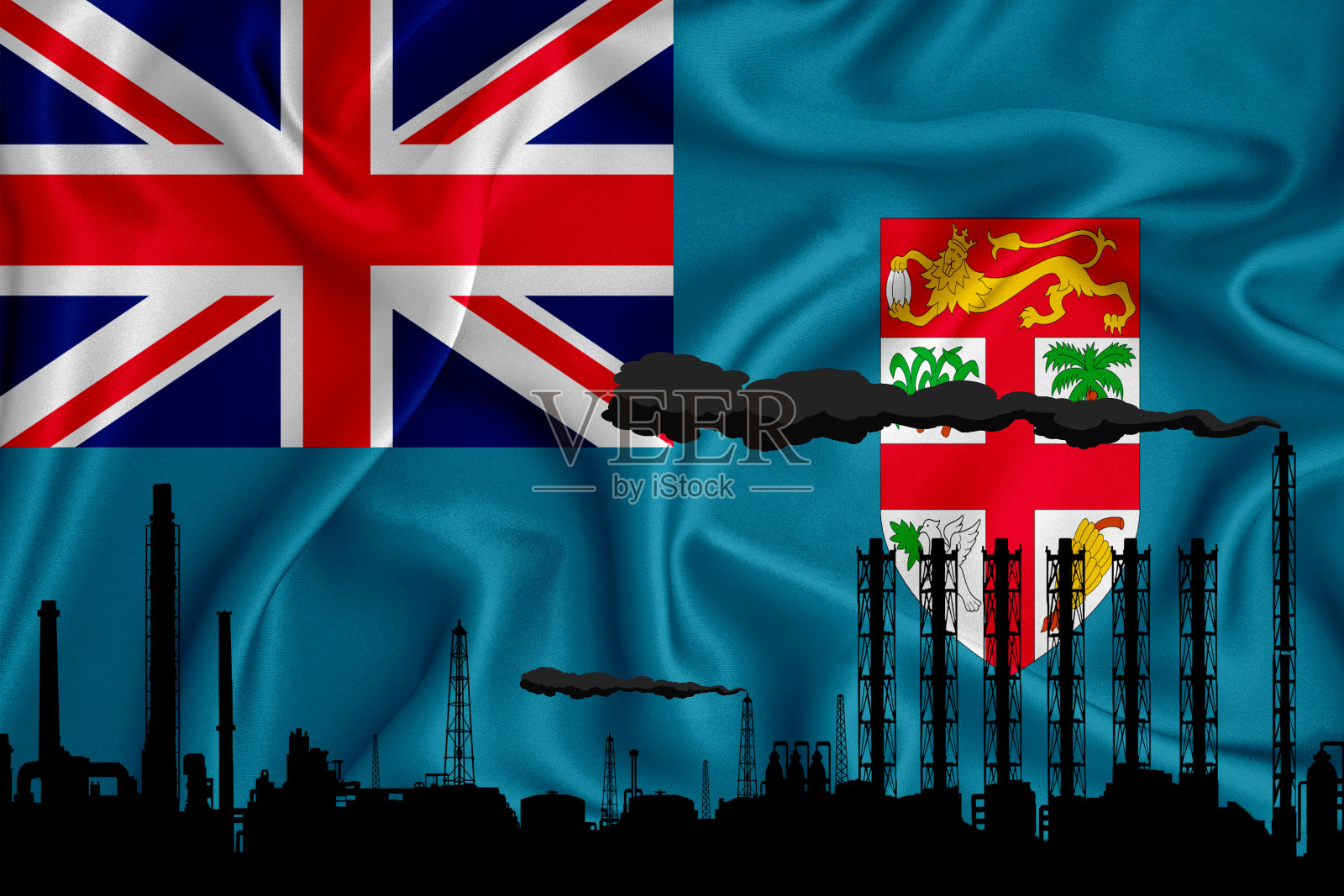 斐济旗，背景与空间为您的标志-工业3D插图。一个化工厂的剪影，炼油，天然气，能源图标。重工业。插画图片素材