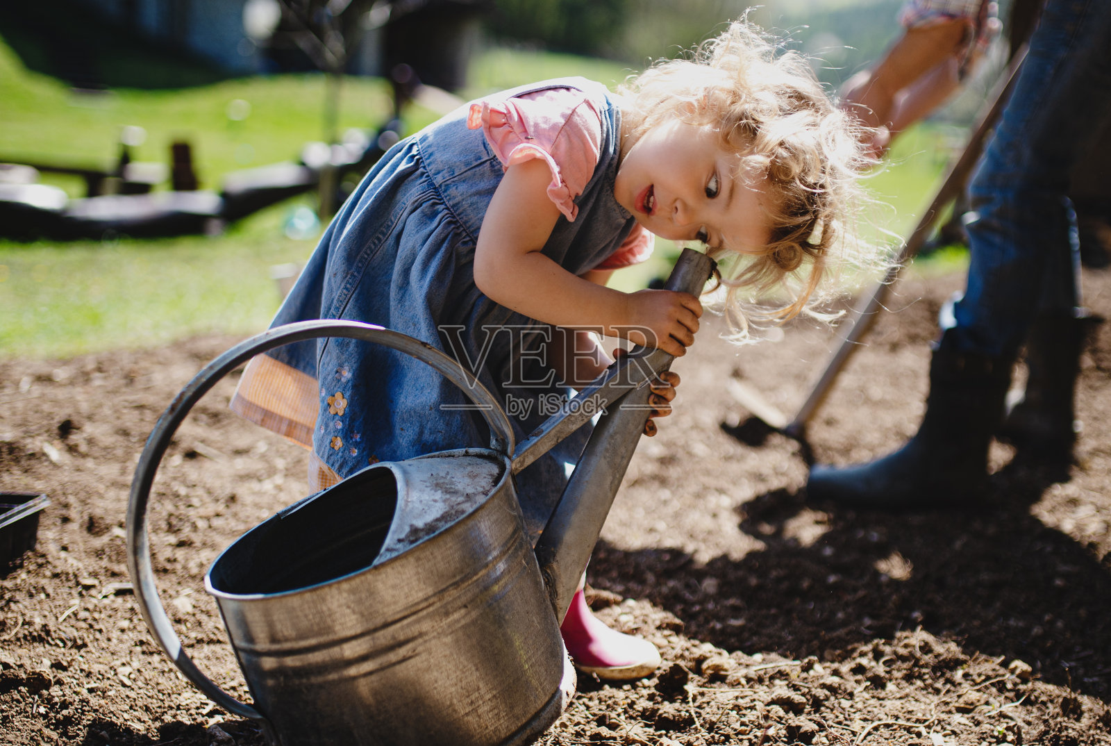 小女孩在户外花园玩耍，可持续的生活理念。照片摄影图片