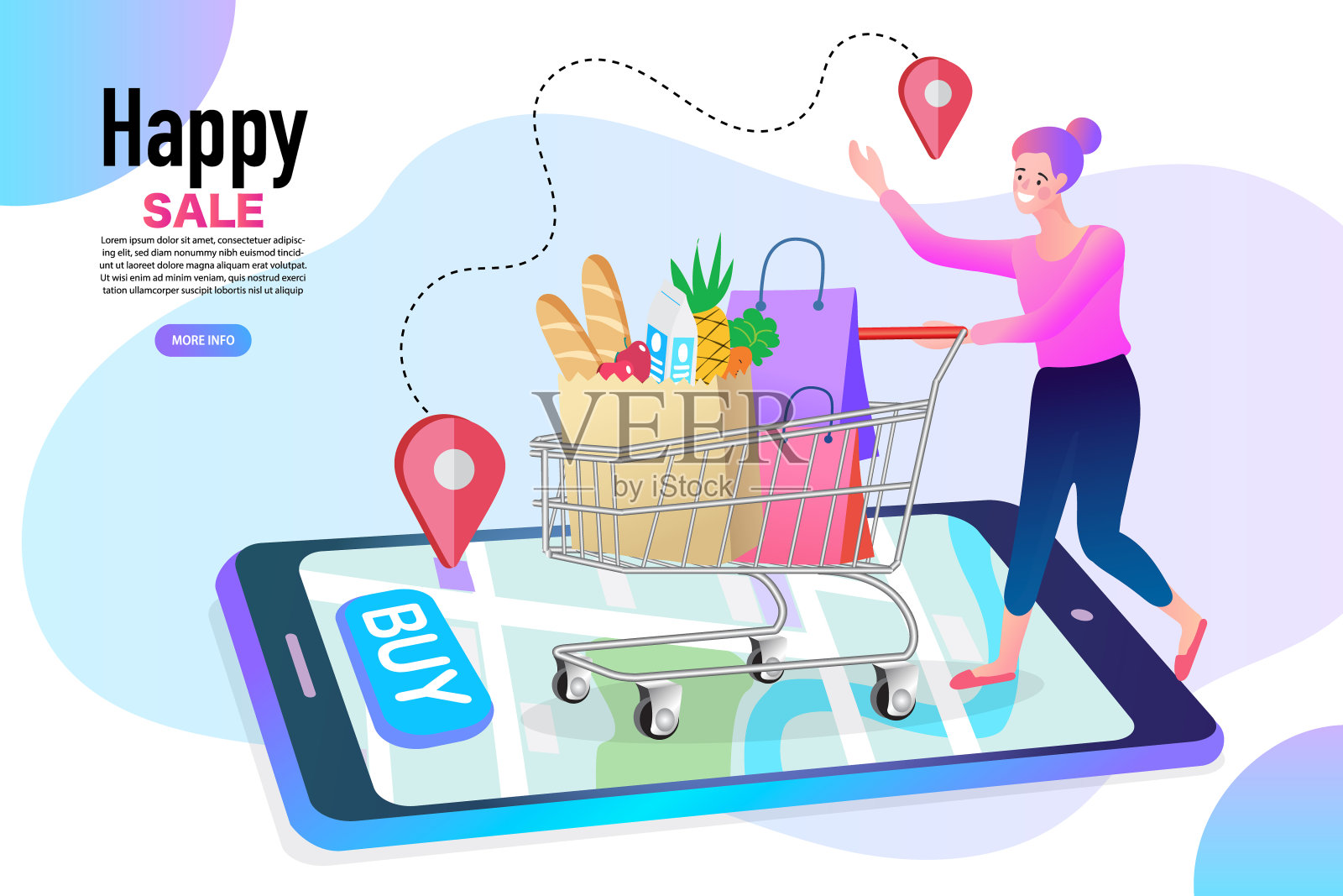 推着购物车从商店购物的女孩。漂亮的年轻女人拿着购物袋大减价。平面向量插图。设计模板素材