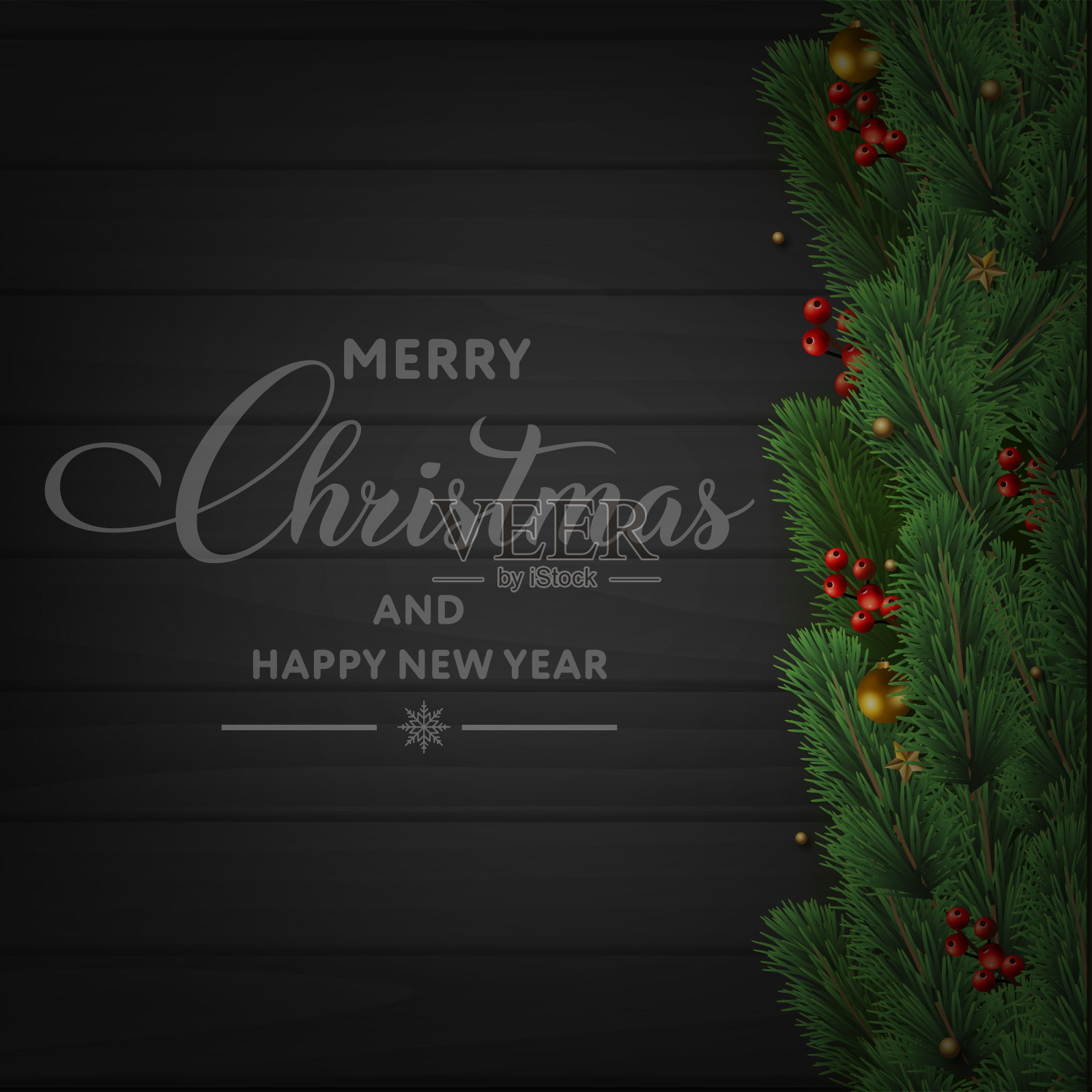 圣诞快乐和新年贺卡与树枝和木制的背景装饰。向量插画图片素材