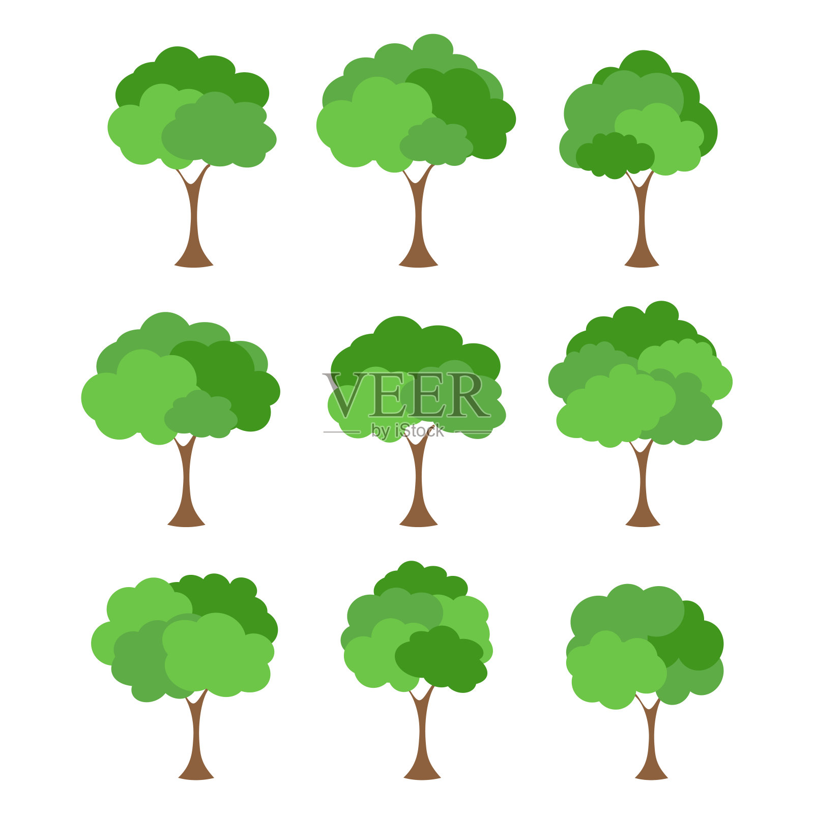 绿树肥沃的白色背景上的各种形式，设置各种树集，树木装饰花园和家庭设计。矢量插图和图标设计元素图片