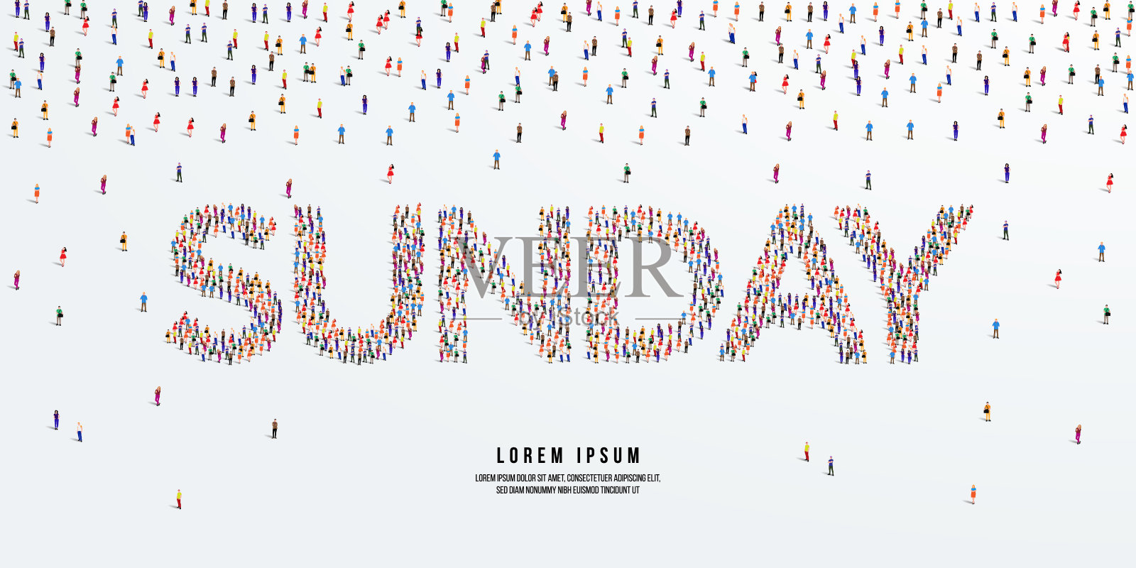 周日的话。一大群人组成创造了星期五这个词。矢量插图。插画图片素材