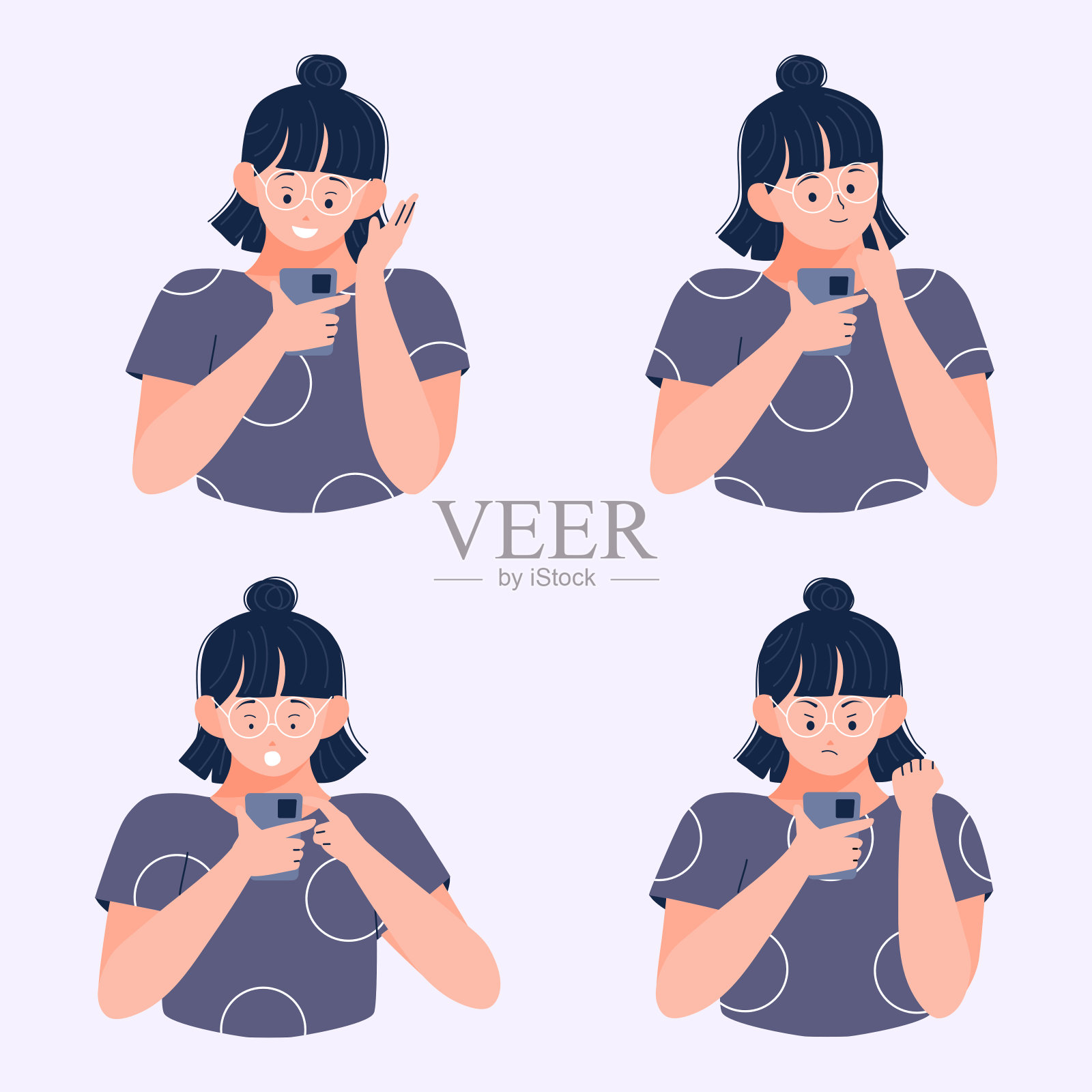 年轻女性在使用手机矢量插画时，用不同的表情、情绪和对信息的反应来阅读智能手机上的信息。插画图片素材