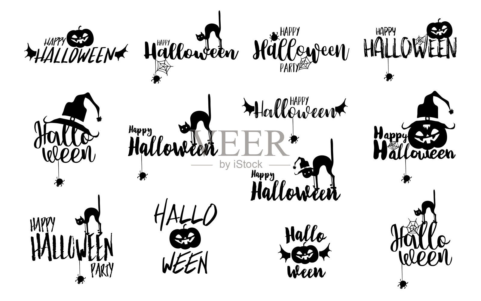 一套13万圣节高级设计标志黑色和白色插画图片素材