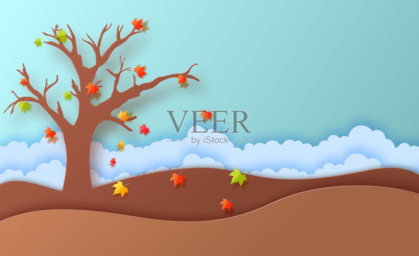 秋季秋叶和云雾的山水艺术风格。向量的三维演示插画图片素材