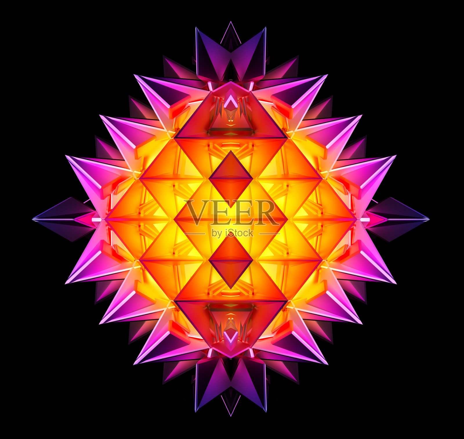 三维渲染抽象艺术与超现实的网络分形对称异形花基于三角形金字塔形状图案在粉红色和橙色梯度金属颜色上孤立的黑色背景照片摄影图片