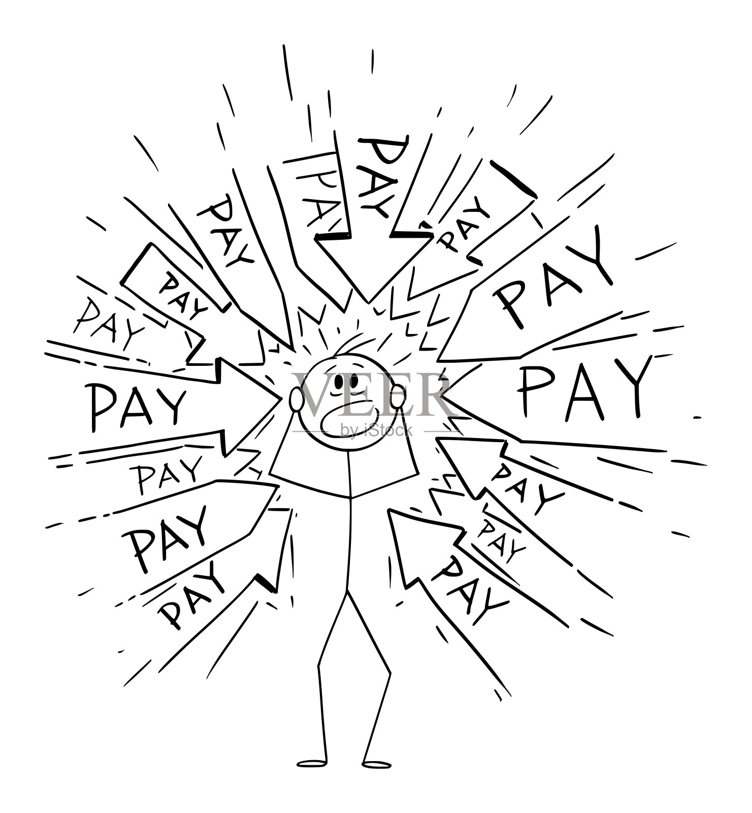 矢量卡通插图的压力男子与许多箭头指向他要求支付钱或账单。金融的概念。设计元素图片