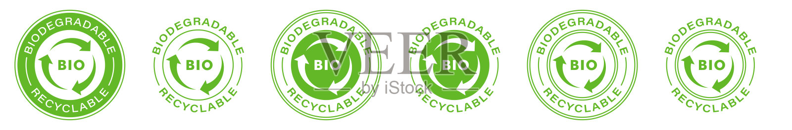 可生物降解可回收的矢量图标。生物可回收和可降解包装包装标志。信息标签。矢量插图。插画图片素材