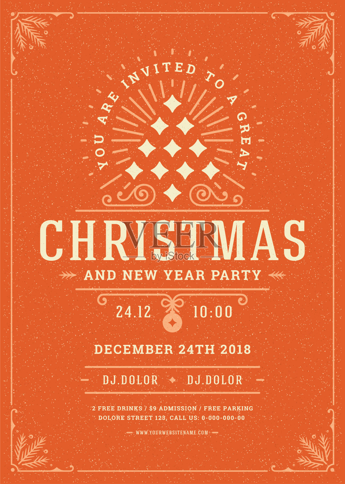 圣诞派对邀请复古的排版和装饰元素设计模板素材