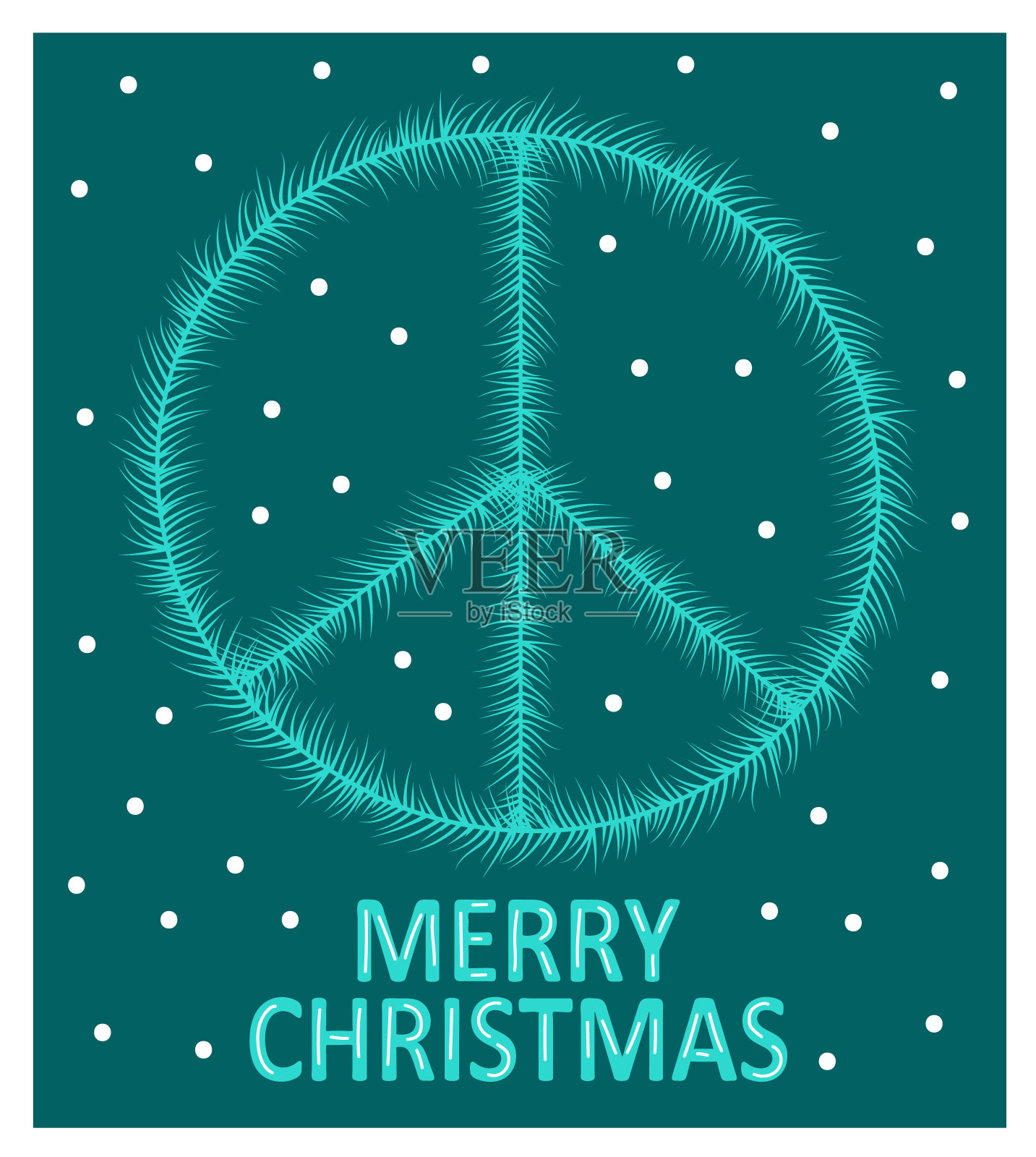 现代风格的蓝色圣诞花环卡在深绿色的背景。嬉皮士矢量插图。节日witner节日海报与象征和平。插画图片素材