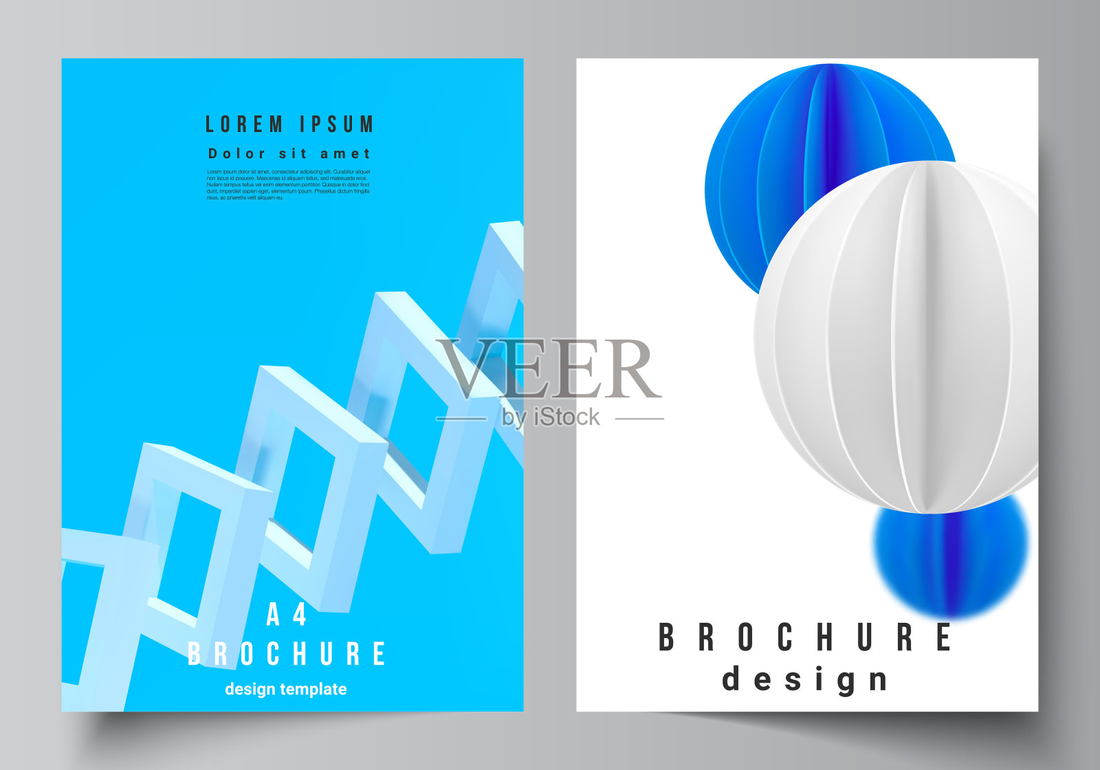矢量布局A4封面模型模板的宣传册，传单布局，小册子，封面设计，书籍设计。三维渲染矢量合成动态逼真的几何蓝色形状在运动。设计模板素材