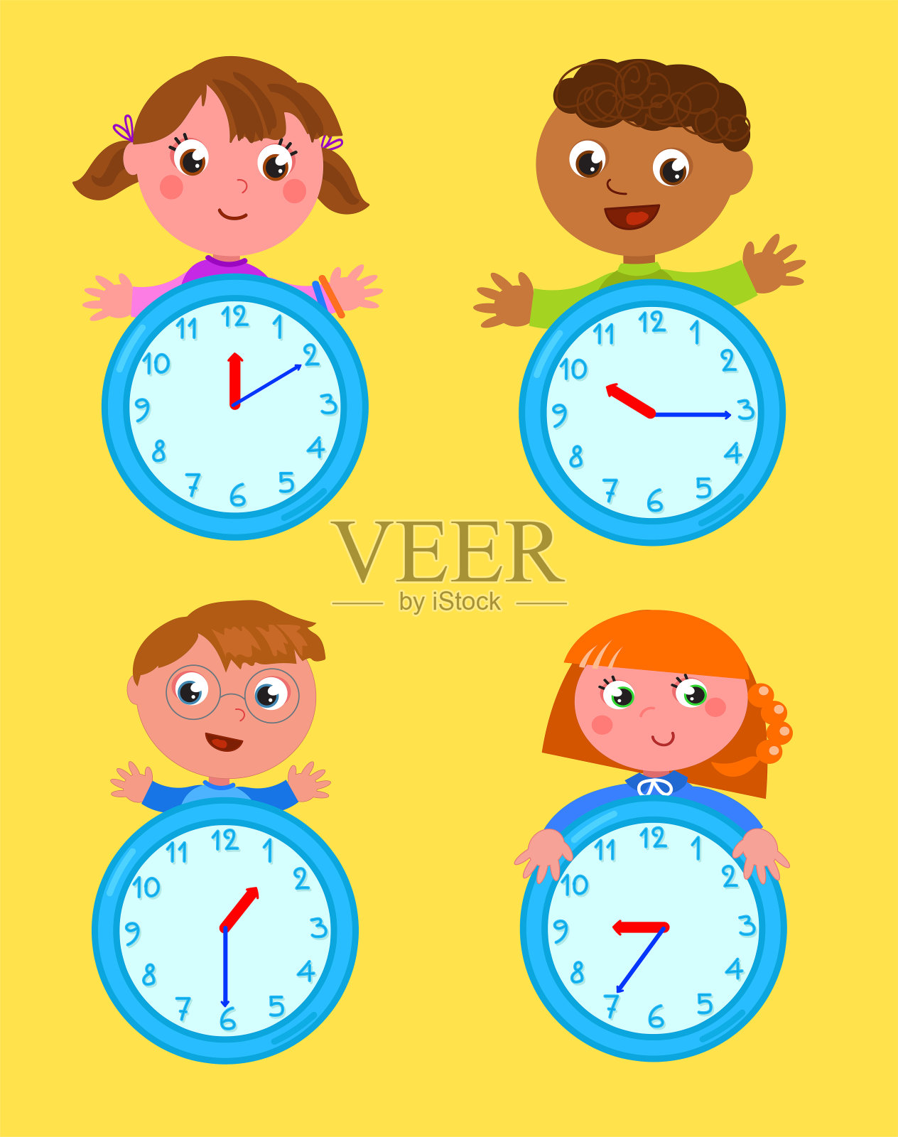 四个孩子的钟面，卡通插图插画图片素材
