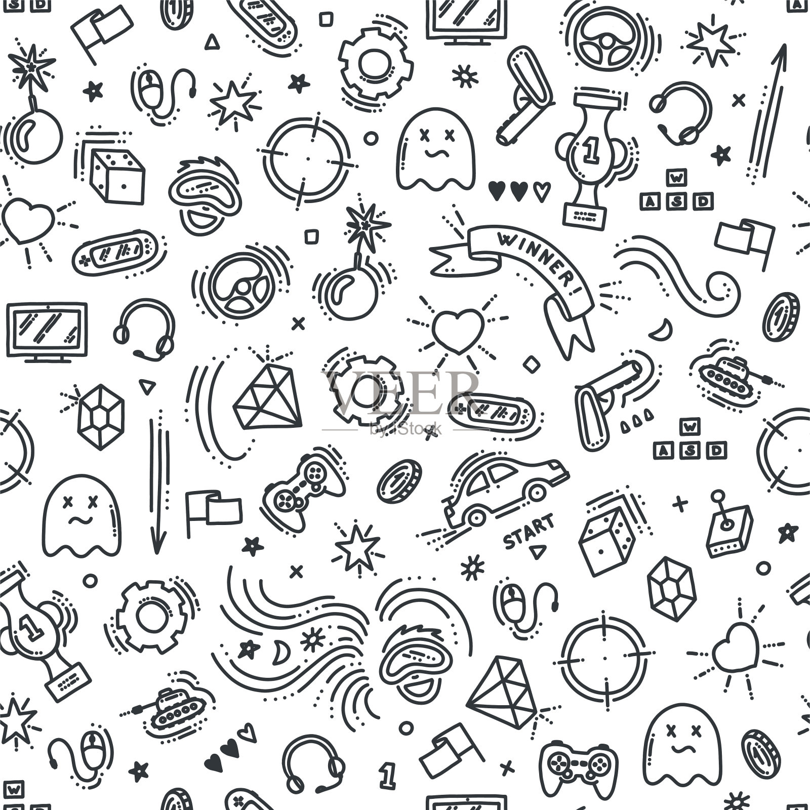 游戏对象的无缝模式。矢量插图涂鸦风格插画图片素材