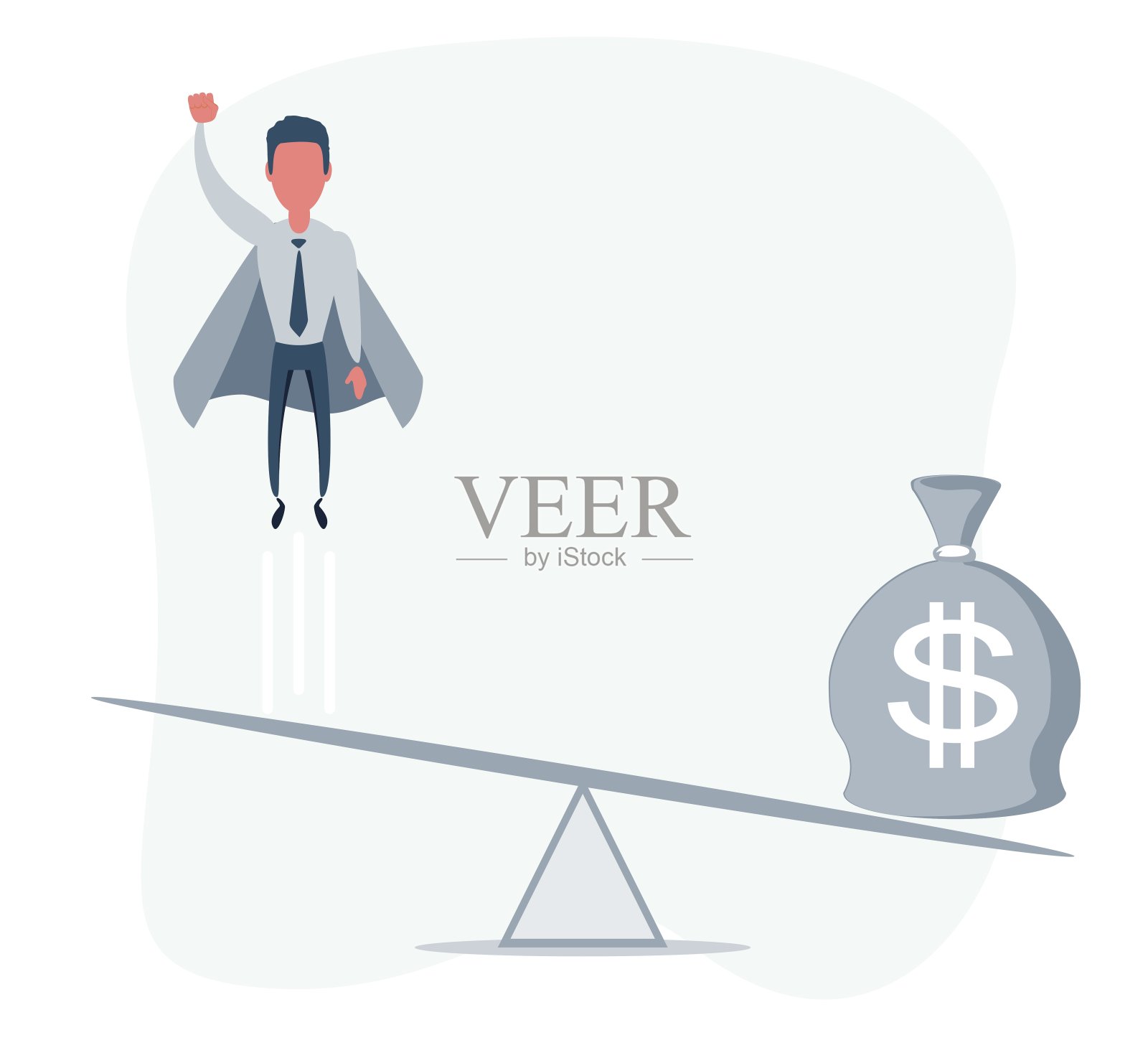 创业的概念。插图是一个商人和一个装满钱的袋子飞起来插画图片素材