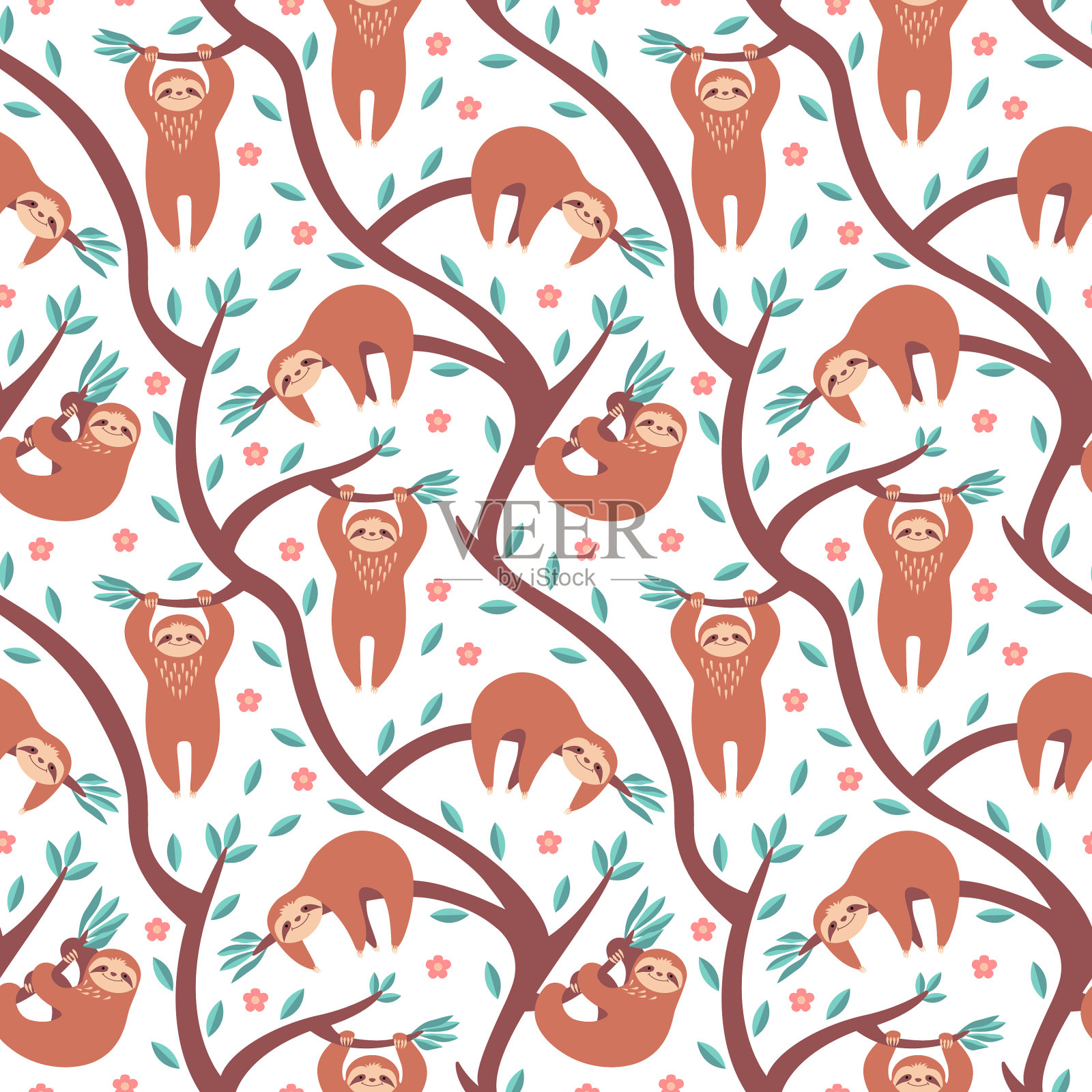 树懒挂在树枝上的无缝图案插画图片素材