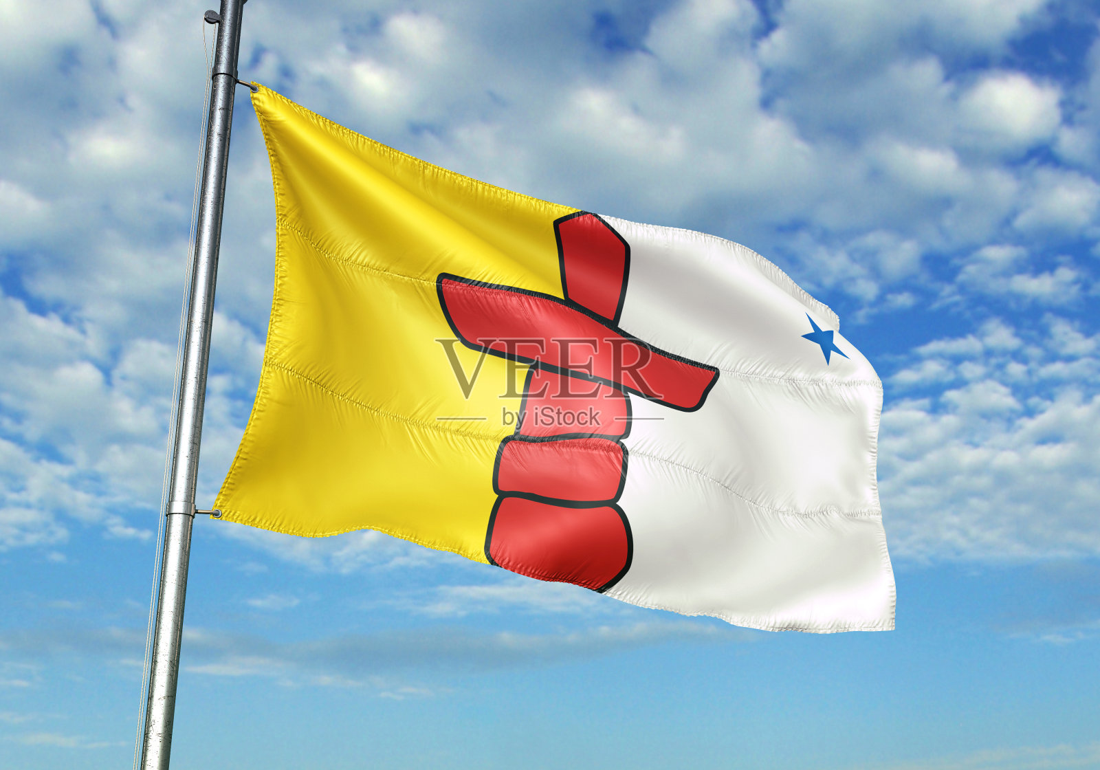 加拿大努勒维特飘扬的国旗，背景是天空照片摄影图片