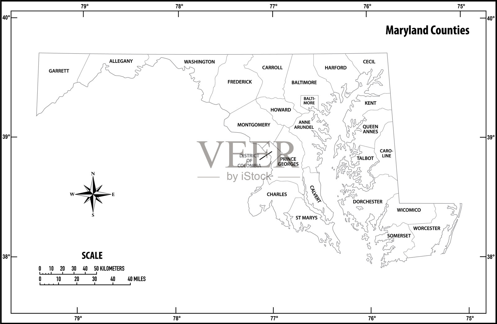 马里兰州行政地图大纲插画图片素材