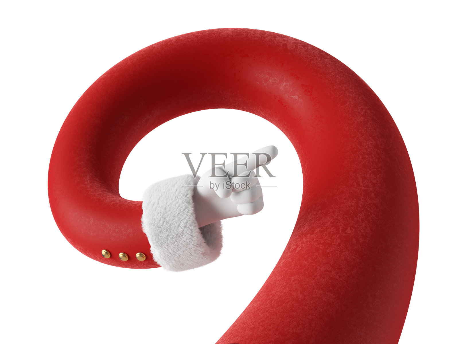 3d渲染，圣诞老人灵活的螺旋手，手指指向手势。节日的卡通人物。圣诞剪辑艺术孤立的白色背景照片摄影图片