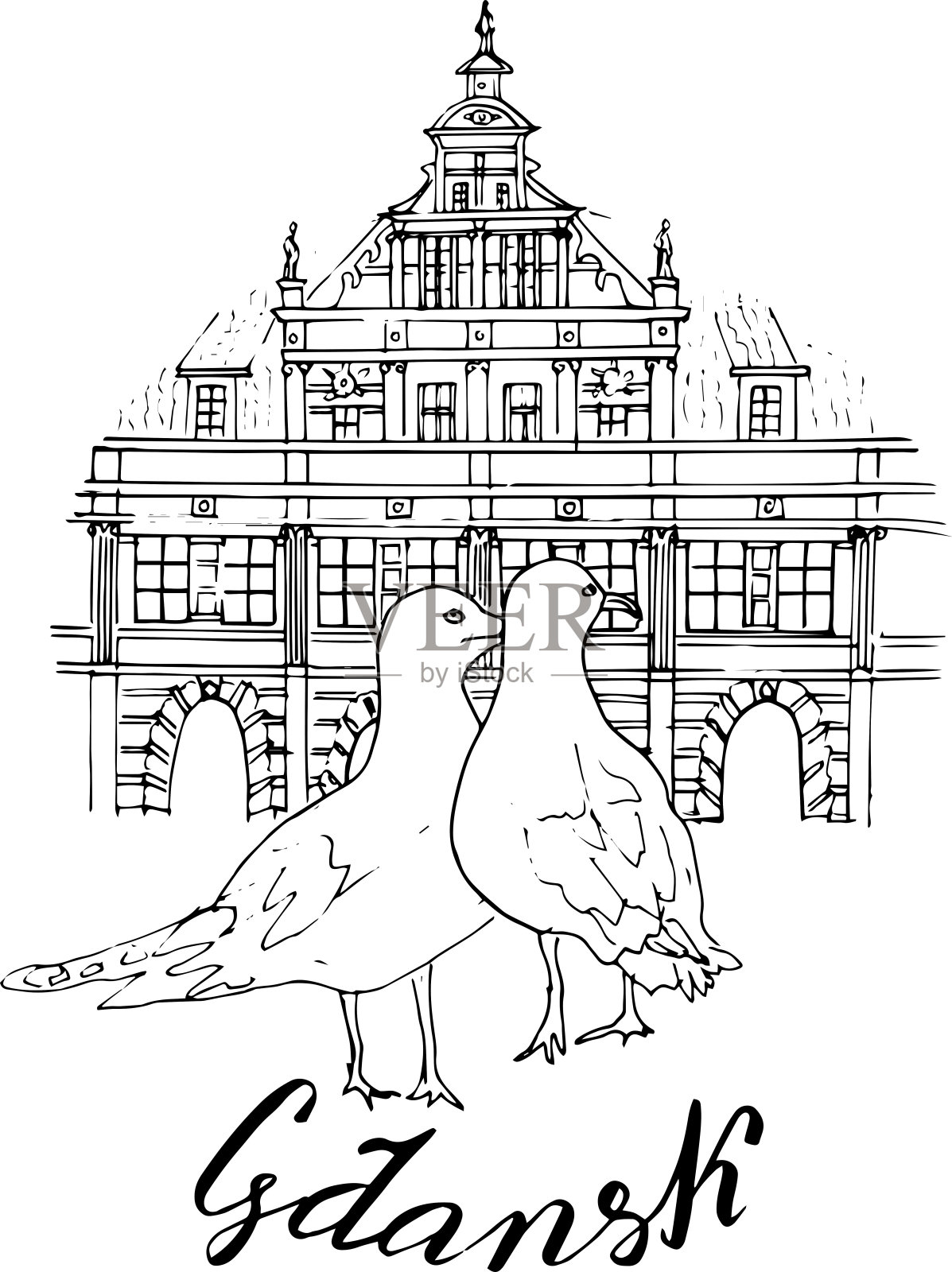 格但斯克老城背景上的海鸥。矢量插图。手绘。手写铭文“格但斯克”。为儿童和成人设计或着色。插画图片素材