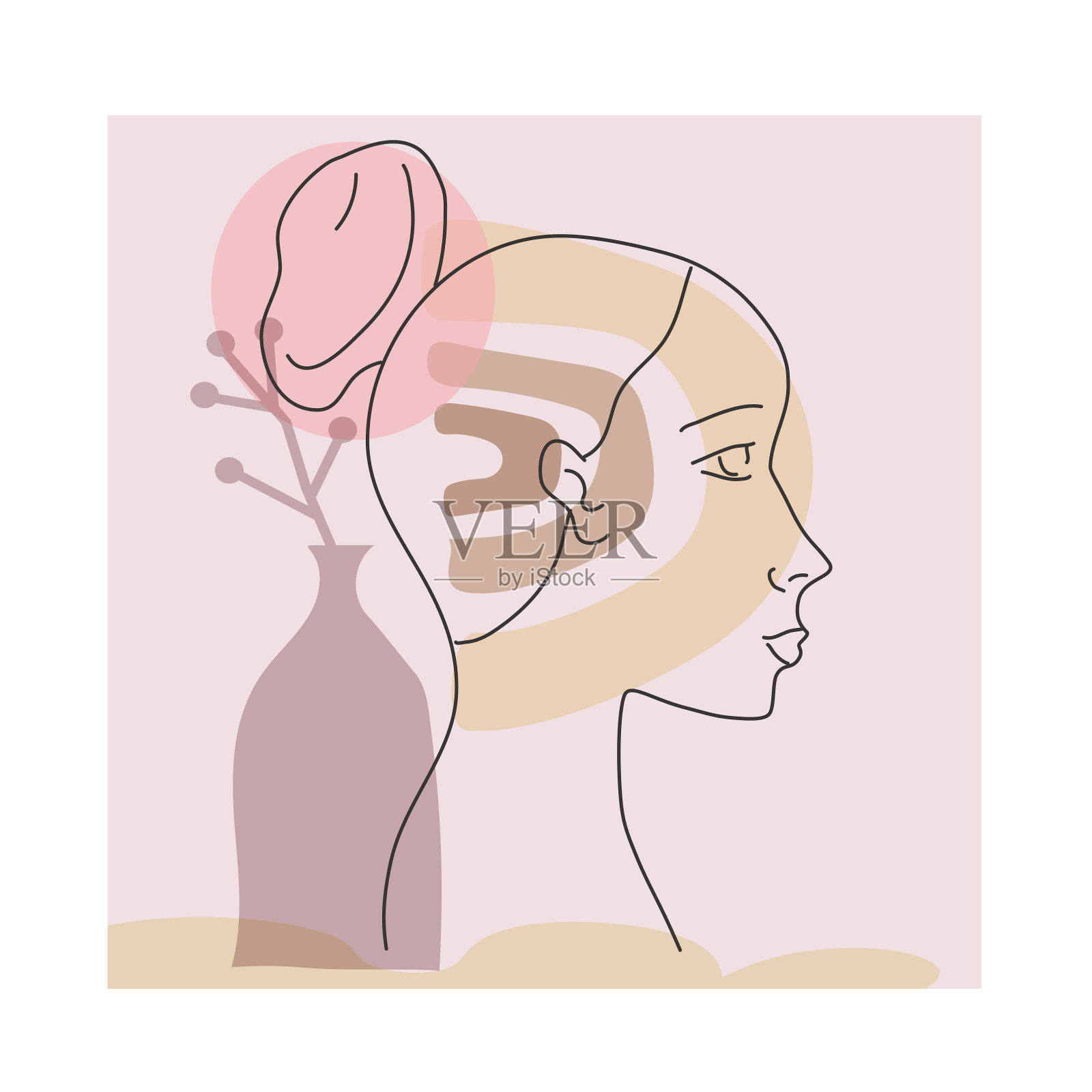 女性线条勾勒出现代简约风格的新潮。抽象形状粉彩暖色，花朵，花瓶。可编辑的轮廓插画图片素材