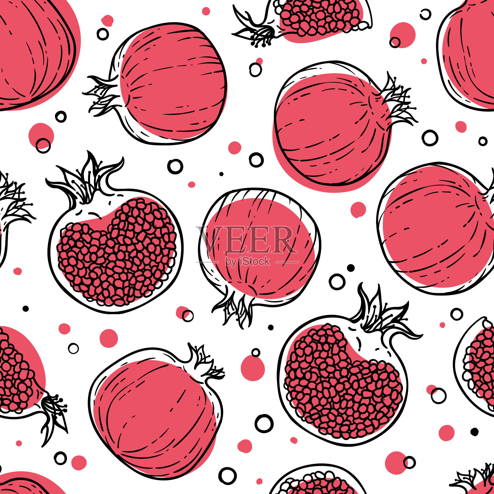 无缝图案的黑，红，白石榴。健康的素食。卡通漫画涂鸦风格与轮廓。贺卡、海报、贴片、衣服印花、徽章等装饰品插画图片素材