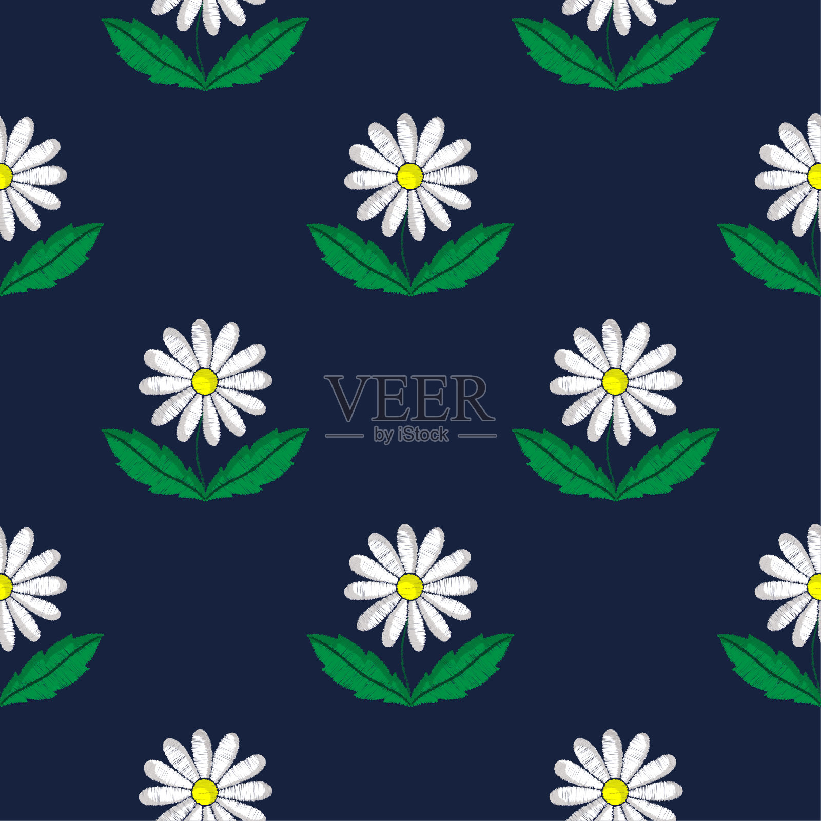 一块地的洋甘菊花。无缝模式上的蓝色背景。理想的剪贴簿，包装材料，织物和更多。插画图片素材