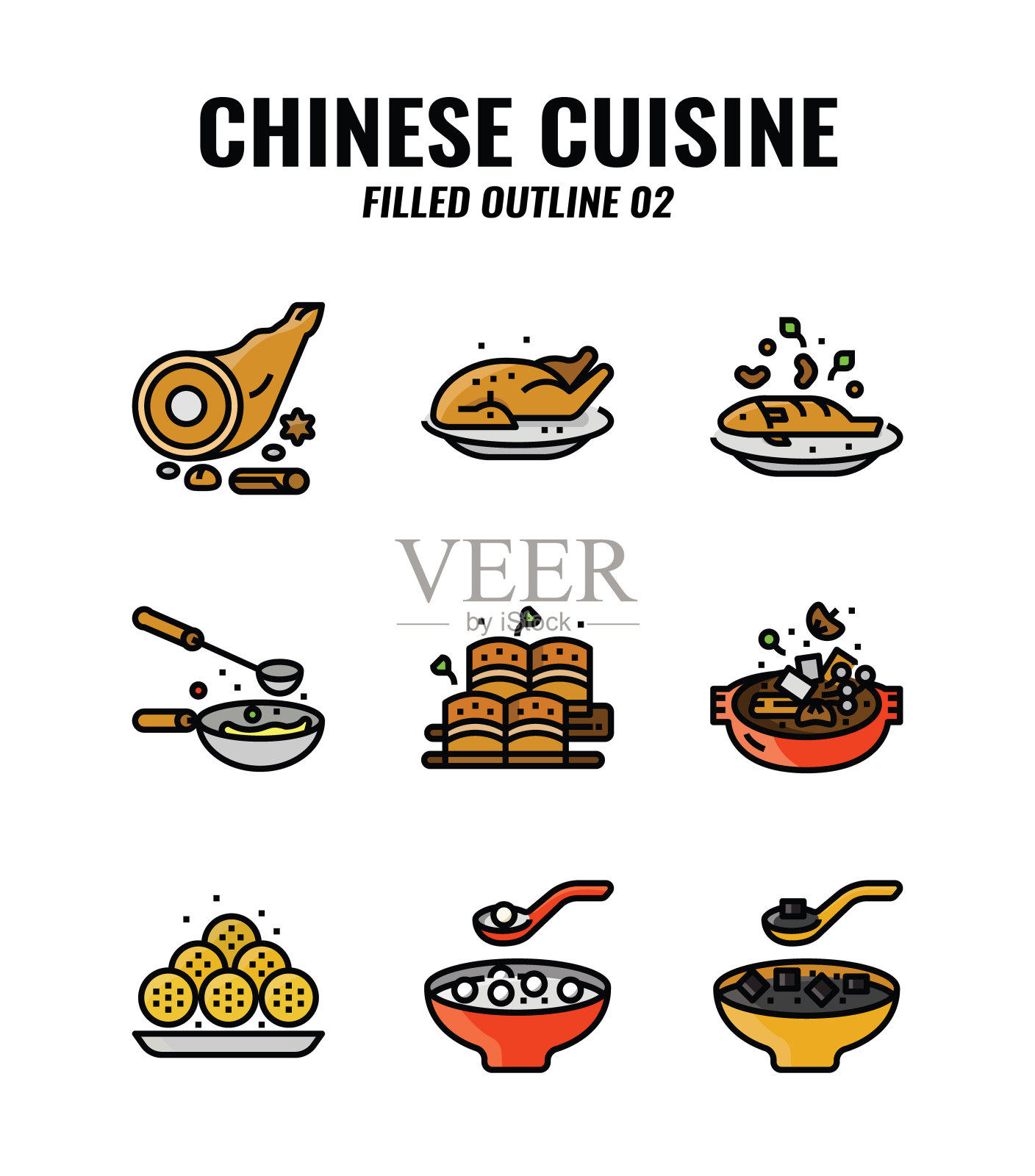 填充轮廓图标中国传统食物和烹饪。关于我校的图标插画图片素材