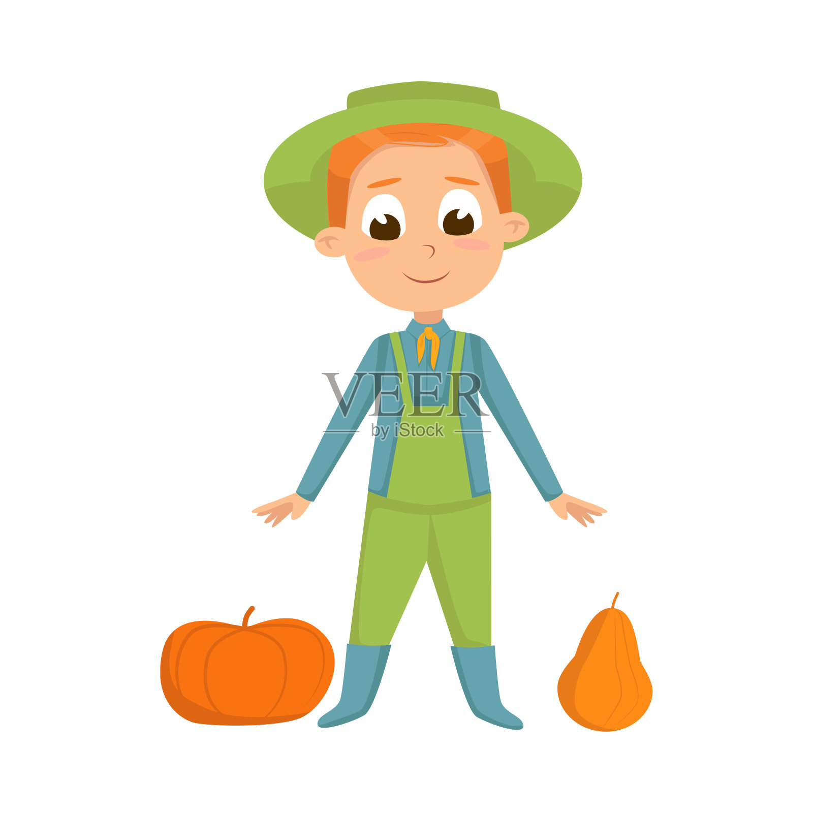 可爱的男孩收获南瓜，儿童农民角色在工作在花园卡通风格矢量插图设计元素图片