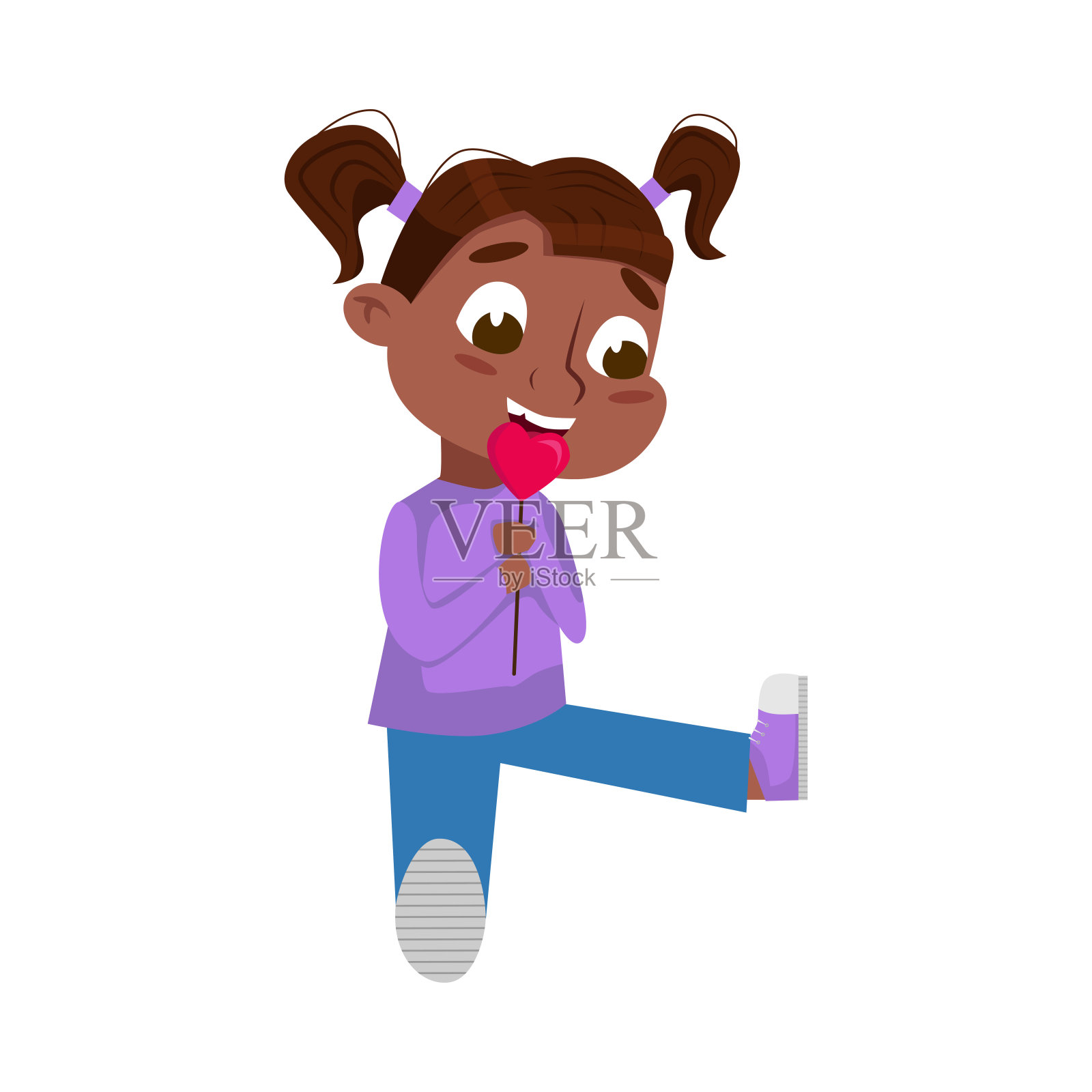 可爱的非裔美国女孩吃棒棒糖，孩子享受吃美味的甜点卡通风格矢量插图设计元素图片